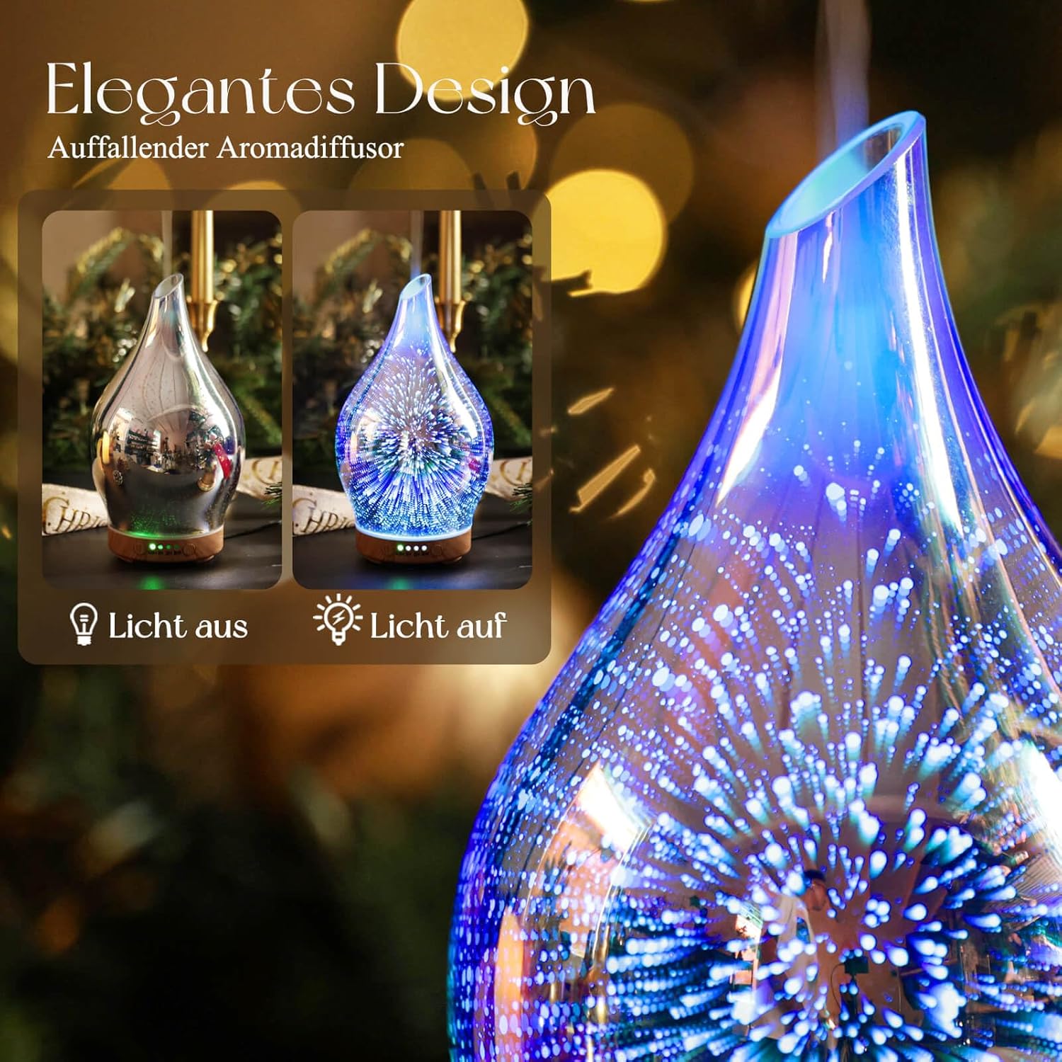 Porseme Aroma-Diffusor 150 ml, mundgeblasener 3D-Glas-Luftbefeuchter, Ultraschall-Aromatherapie-Öl-Diffusor mit 7 farbigen LED-Lichtern, Diffusor für ätherische Öle mit Timer, BPA-frei für Zuhause (Silber) – Bild 5