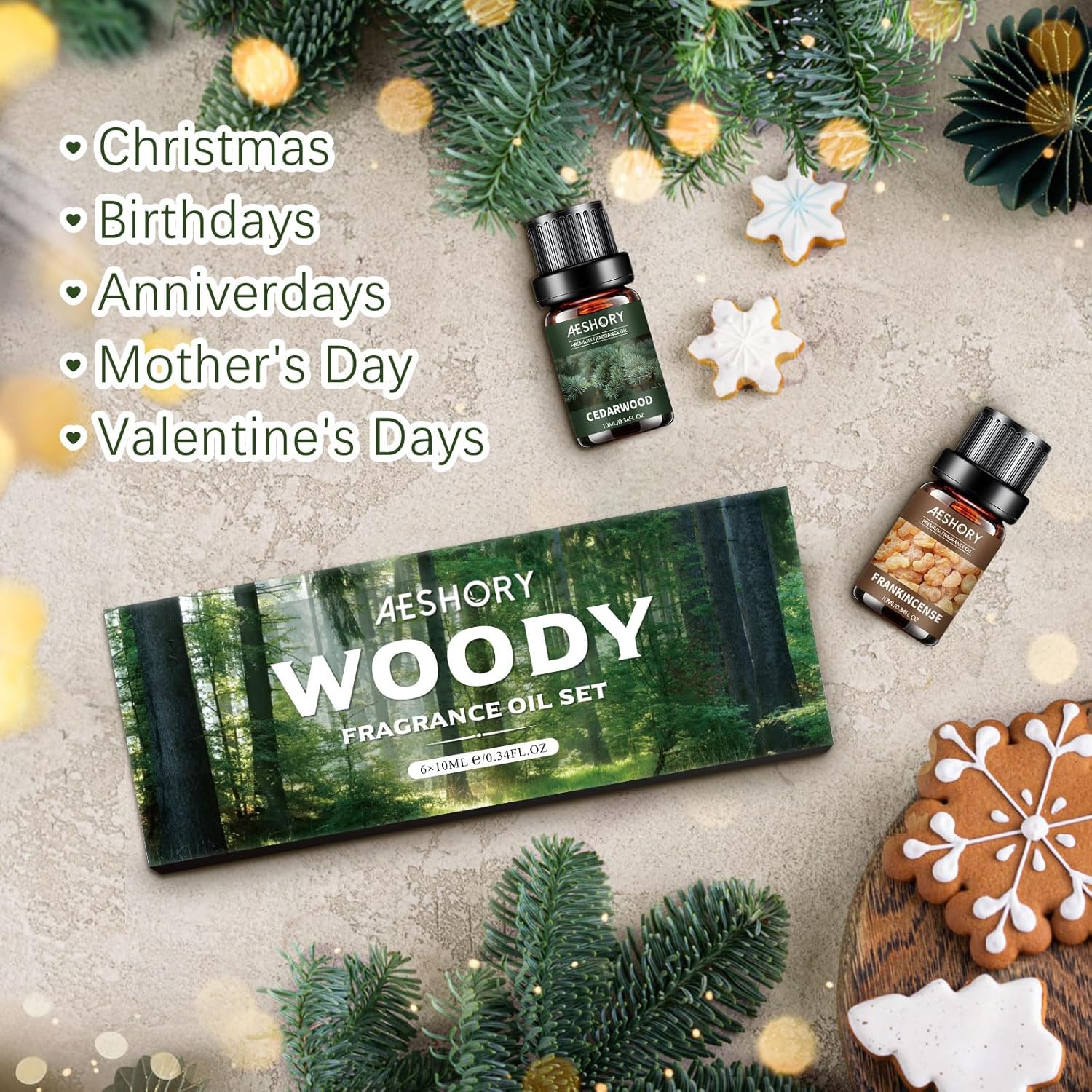 AESHORY Woody Essential Oils Set 6 x 10 ml, natürliches Aromatherapie-Duftöl-Geschenkset für Diffusor, Kerzenherstellung – Weihrauch, Sandelholz, Zedernholz, Teak, Zypresse, Waldkiefer – Bild 7