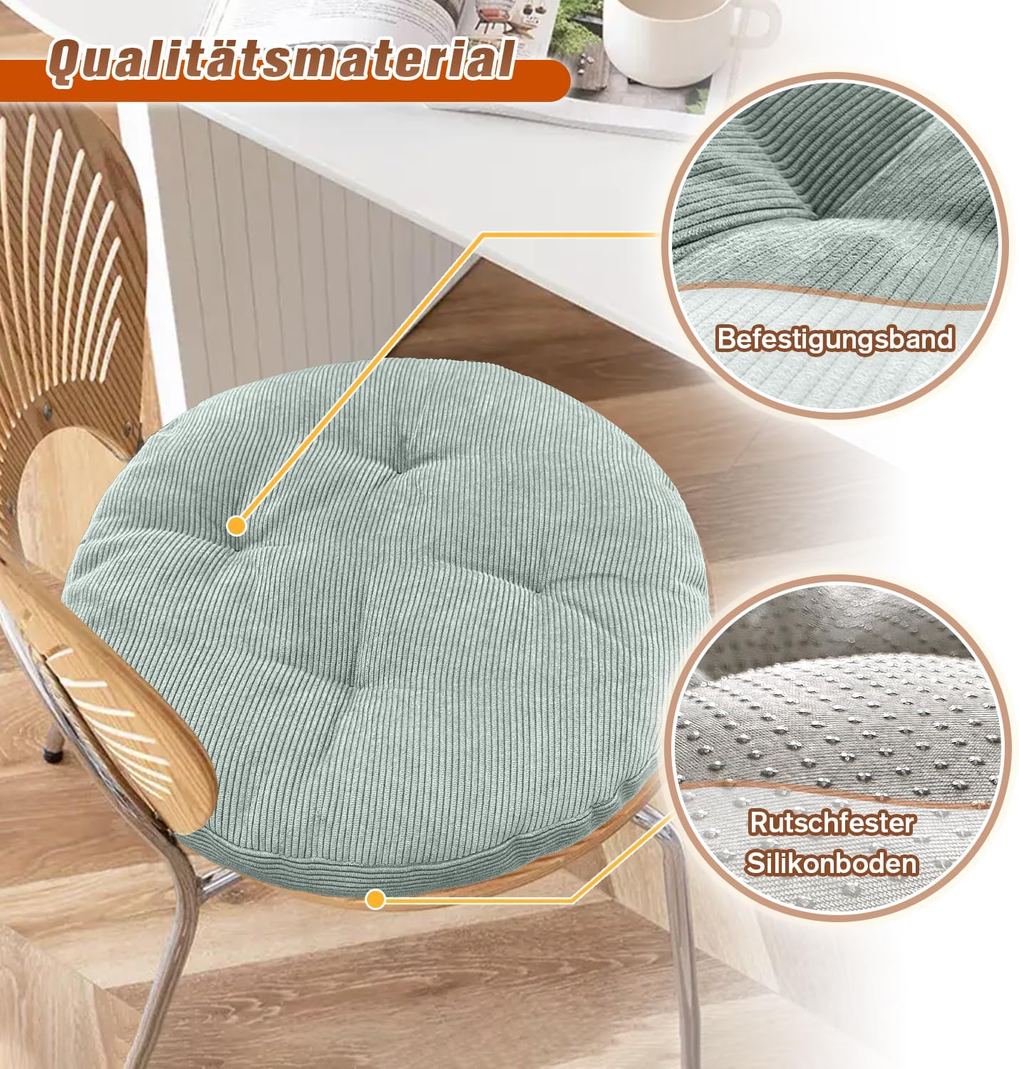 Sitzkissen rund 30 cm, Dicke 6 cm, 1 Stück, Bodenkissen, rundes Sitzkissen, Stuhlkissen, Kissen für Wohnzimmer, Büro, Konferenzraum, Cordstoff (Mintgrün) – Bild 4