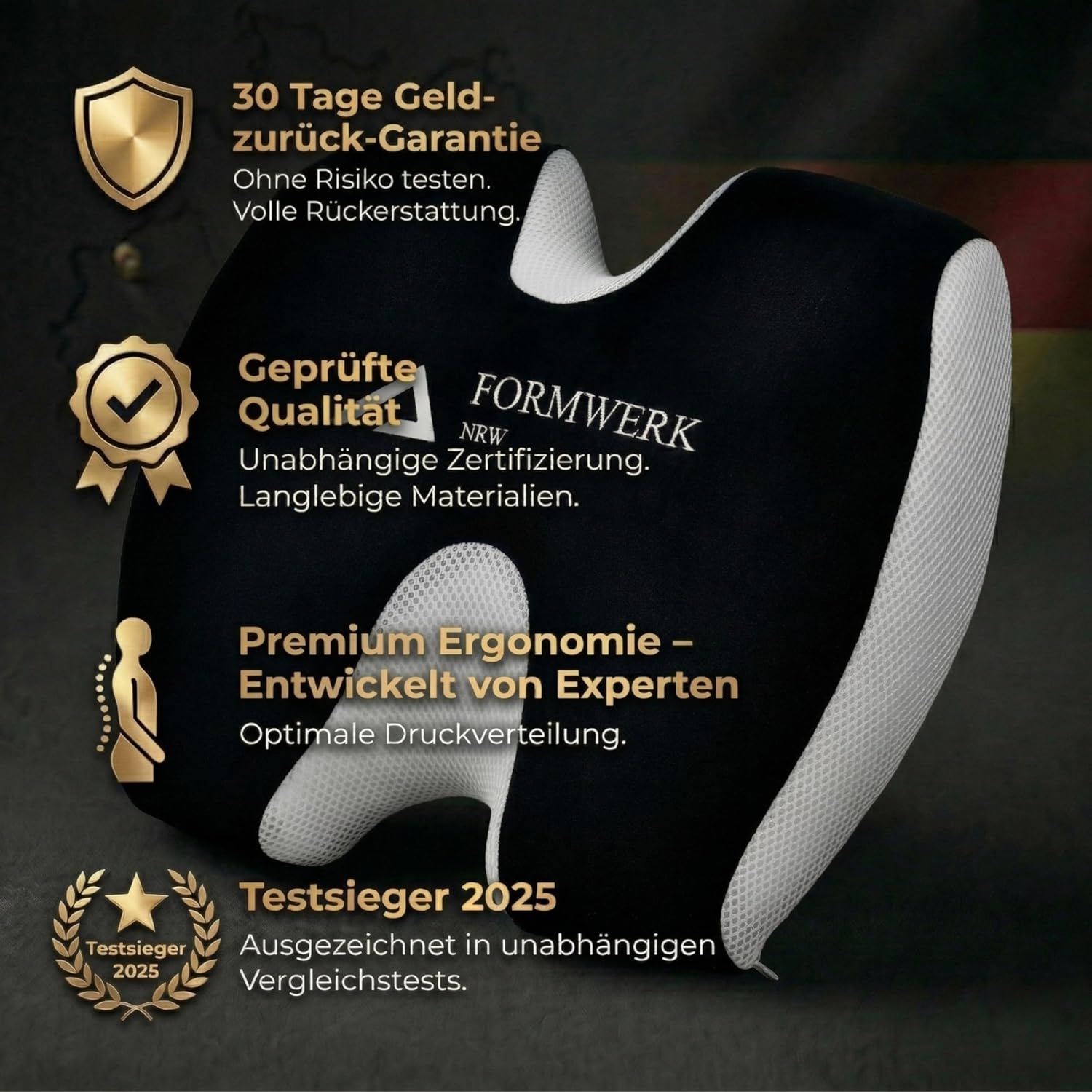 Orthopädisches Sitzkissen mit doppelter Aussparung – 47D Premium Memory Foam – ergonomische Entlastung für Steißbein, Hüfte & Wirbelsäule – Öko-Tex 100 – Testsieger 2025 (schwarz) – Bild 9