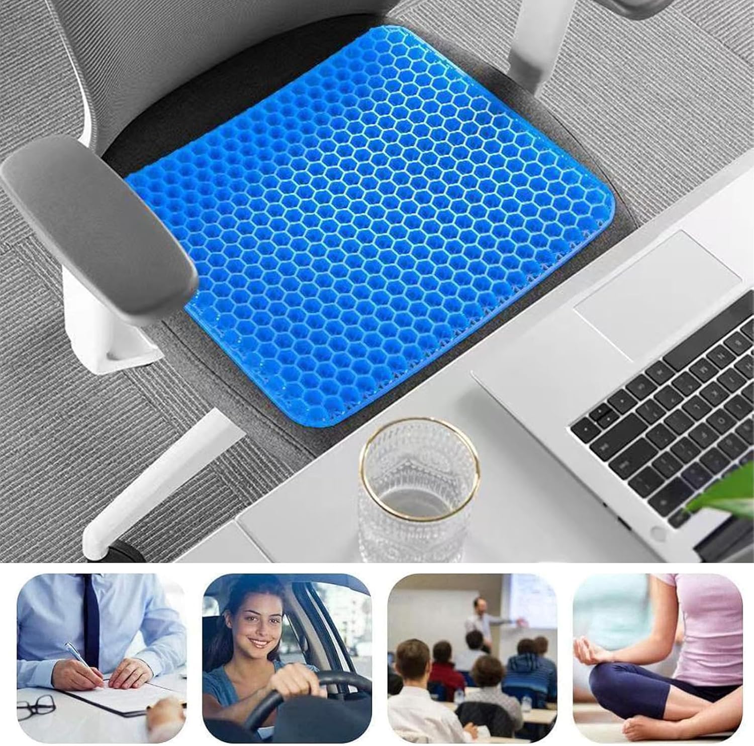 Gel-Sitzkissen, Gelkissen-Sitzkissen mit rutschfestem Bezug, Sitzkissen, orthopädisch, Wabenstruktur, elastisches Sitzkissen, atmungsaktives Stuhlkissen für Auto, Büro, Rollstuhl – Bild 6