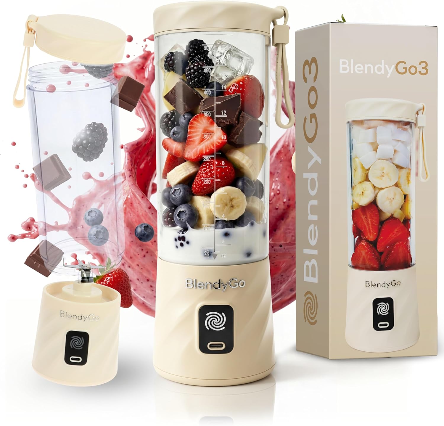 BlendyGo 3 Tragbarer Mixer, Standmixer, Mini-Standmixer, 550 ml, Smoothie Maker, Mixer Smoothie Maker to Go, kabellos, zerkleinert Eis und Obst, BPA-frei, PulseMotion & BlendPro (Beige)