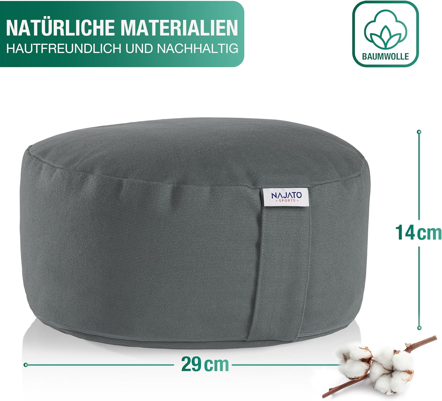 NAJATO Sports Meditationskissen – Yogakissen mit E-Book (PDF-Datei) – Rundes Yogakissen mit Buchweizenschalenfüllung – 30 cm Durchmesser, 14 cm hoch – waschbarer Baumwollbezug (Anthrazit) – Bild 2