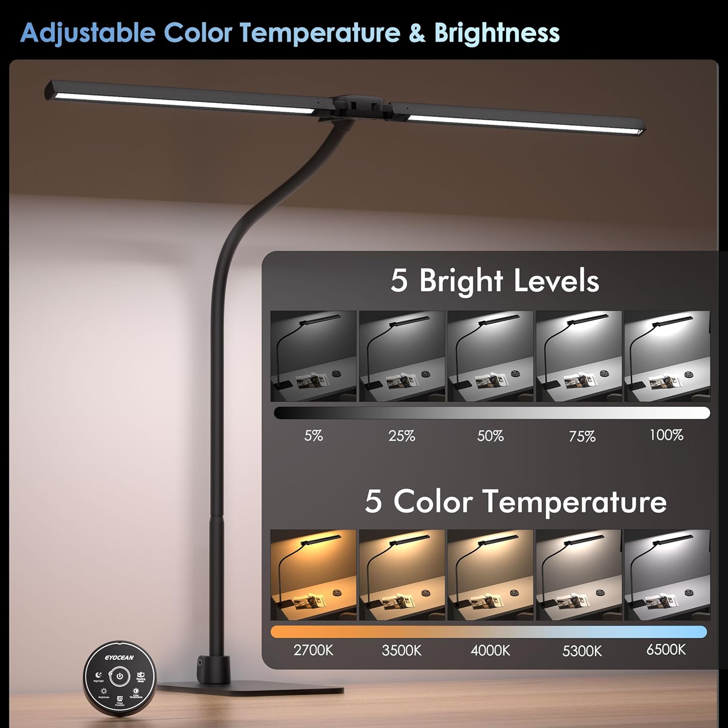 EYOCEAN Schreibtischlampe, Doppelkopf-Schreibtischlampe, 24 W 80 cm Tageslichtlampe Schreibtisch mit Fernbedienung, dimmbare Monitorlampe, Bürotischlampe, Augenschutz-Bildschirmlampe – Bild 6
