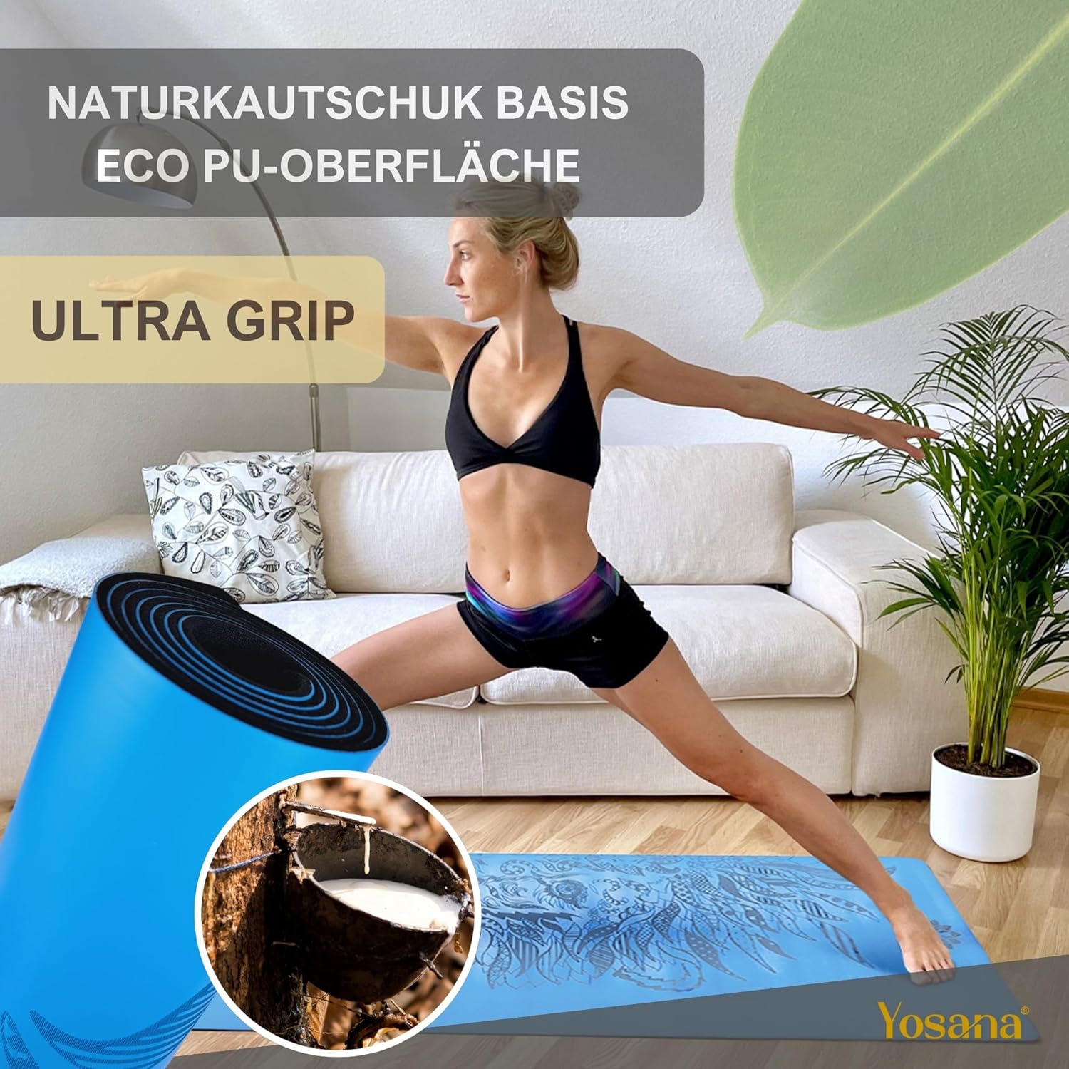 Yosana Yogamatte aus Naturkautschuk | Extrem rutschfest | Ultra-Grip-Oberfläche aus Eco PU | Extra breit 68 cm | Inklusive Tragegurt | Yogamatte 183 x 68 cm | 4 mm dünn – Bild 5
