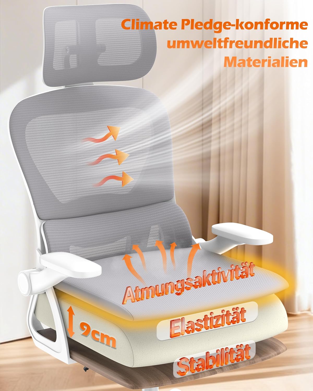Ergonomischer Bürostuhl, Schreibtischstuhl mit Lordosenstütze und Netzrückenlehne, höhenverstellbarer Drehstuhl mit Kopfstütze und leisen Rollen, Computerstuhl für Home-Office-Gaming – Grau – Bild 4