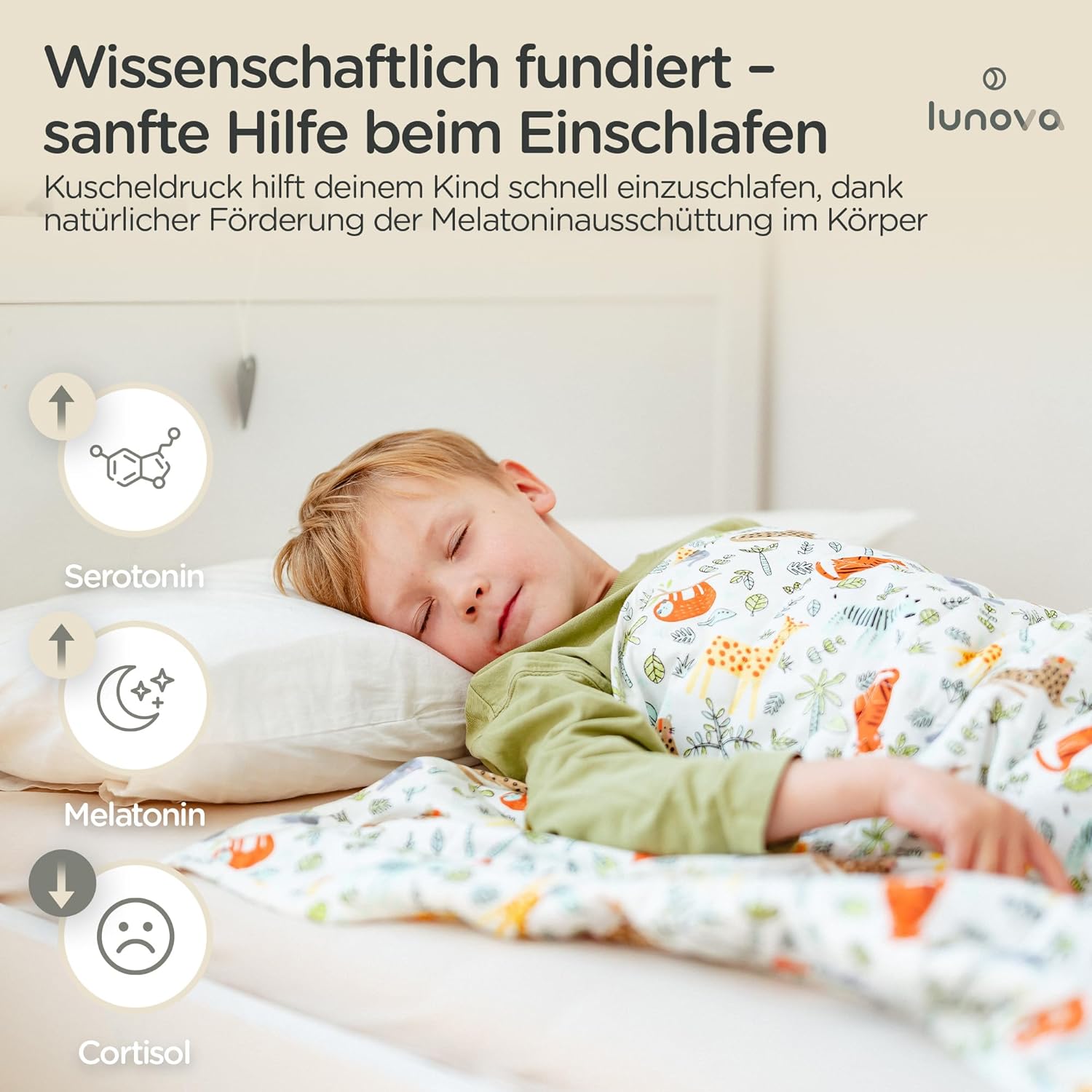 LUNOVA Gewichtsdecke Kinder | 3 kg | 100 x 135 cm – Ökotex-Baumwolle (25–35 kg Körpergewicht), waschbare Therapiedecke, Entspannungsdecke, entspannter Schlaf – Tierwelt – Bild 5