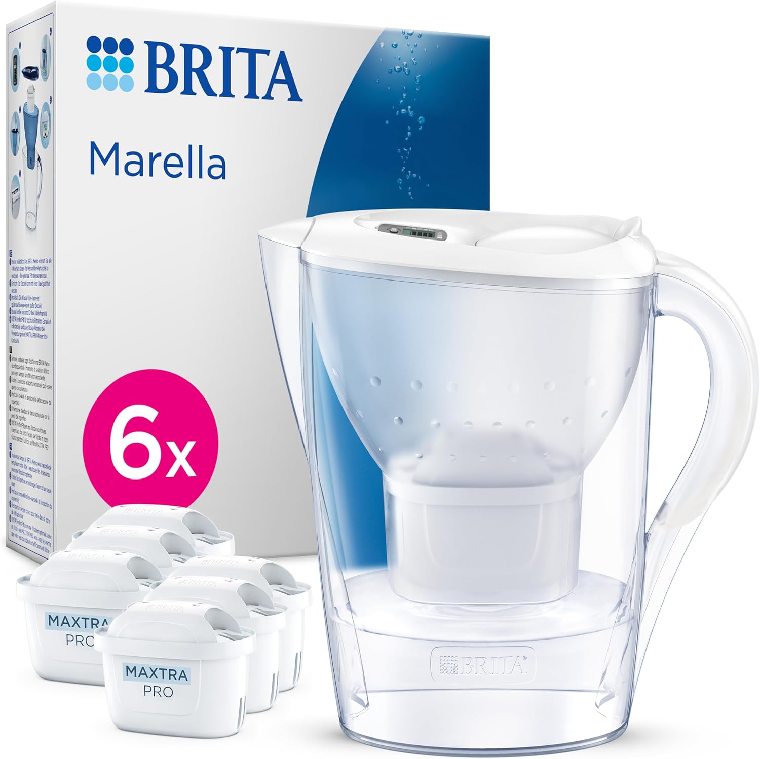 BRITA Marella Wasserfilterkanne weiß (2,4 l) inkl. 6x Maxtra Pro Pure Performance Kartuschen (Halbjahrespackung), kühlschrankgeeignet, Filterkanne mit BRITA Memo, Klappdeckel, filtert Verunreinigungen