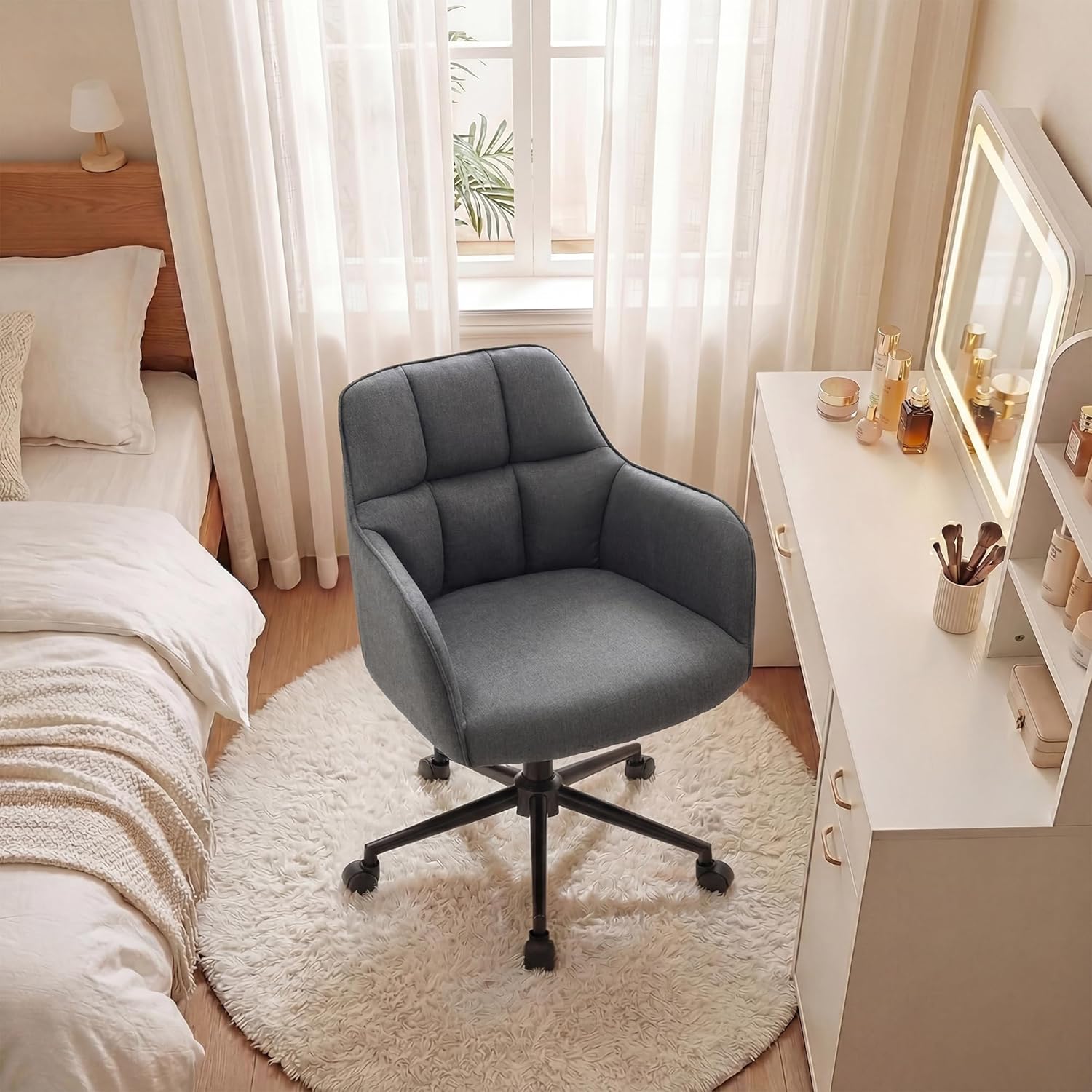 YOUDENOVA Schreibtischstuhl, Drehstuhl mit Rollen, Schminkstuhl Höhenverstellbar, Homeoffice Stuhl, Bürostuhl Ergonomisch, Vanity Chair für Mädchen Arbeitszimmer Schlafzimmer Büro, Leinen Dunkelgrau – Bild 9