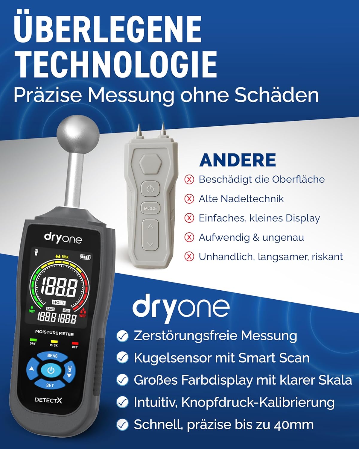 DryOne DetectX Feuchtigkeitsmessgerät für Wand, Holz, Mauerwerk, Estrich & Beton – Zuverlässige Messung & einfache Bedienung – Feuchtigkeitsmessgerät & Wandfeuchtemessgerät gegen Schimmel & Schäden – Bild 5