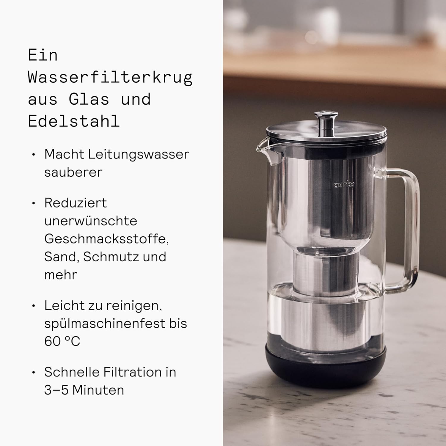 Aarke Purifier Wasserfilterkrug 1,2 l / 5 Tassen aus Glas und Edelstahl – inklusive Pure-Filter-Nachfüllbeutel – Bild 4