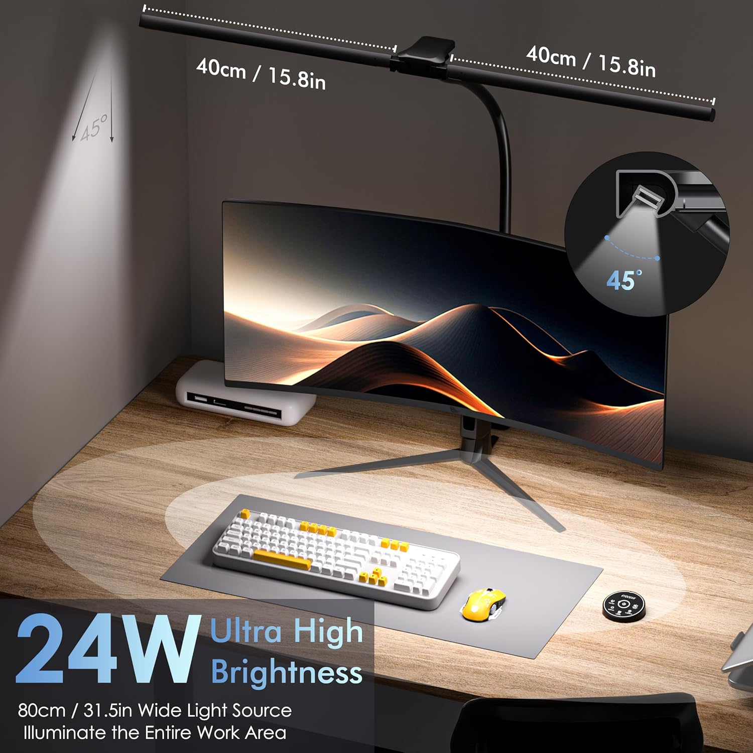 EYOCEAN Schreibtischlampe, Doppelkopf-Schreibtischlampe, klemmbar, 24 W 80 cm, Tageslichtlampe Schreibtisch mit Fernbedienung, dimmbare Monitorlampe, Büro-Tischlampe, Augenschutz-Bildschirmlampe – Bild 2