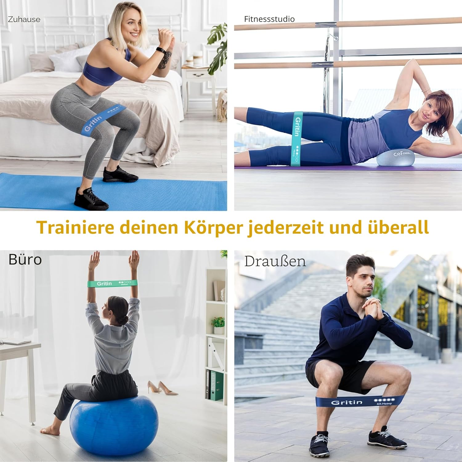 Gritin Fitnessbänder (5er Set) Widerstandsbänder mit 5 Stufen, 100% Latex Fitnessband Widerstand mit deutscher Übungsanleitung und Tragetasche, Gymnastikband für Muskelaufbau, Yoga – Bild 7