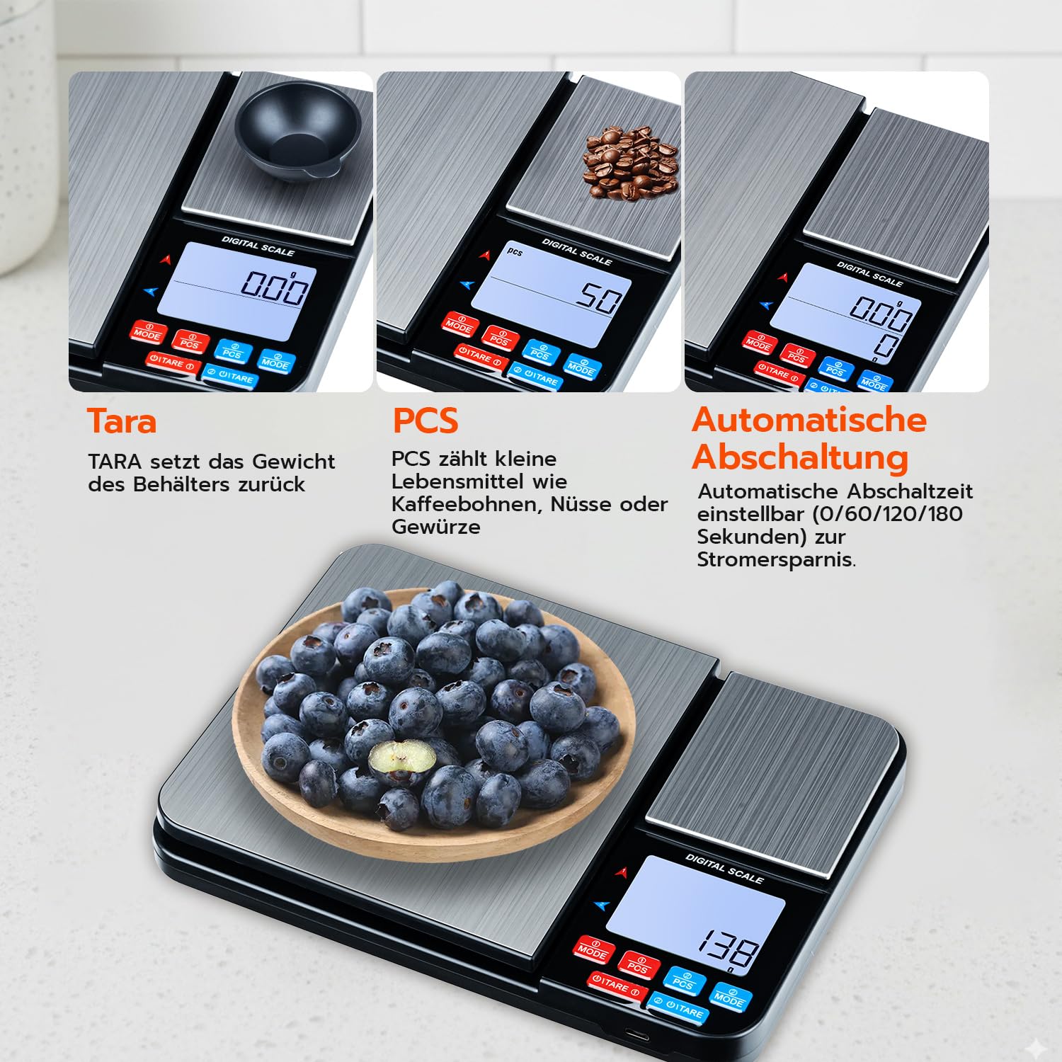 Wigearss Digitale Küchenwaage mit Doppelplattform, 10 kg/1 g und 500 g/0,01 g, Doppelfunktions-Küchenpräzisionswaage mit 7 Einheiten, Zähler, Tara-Funktion – Bild 4