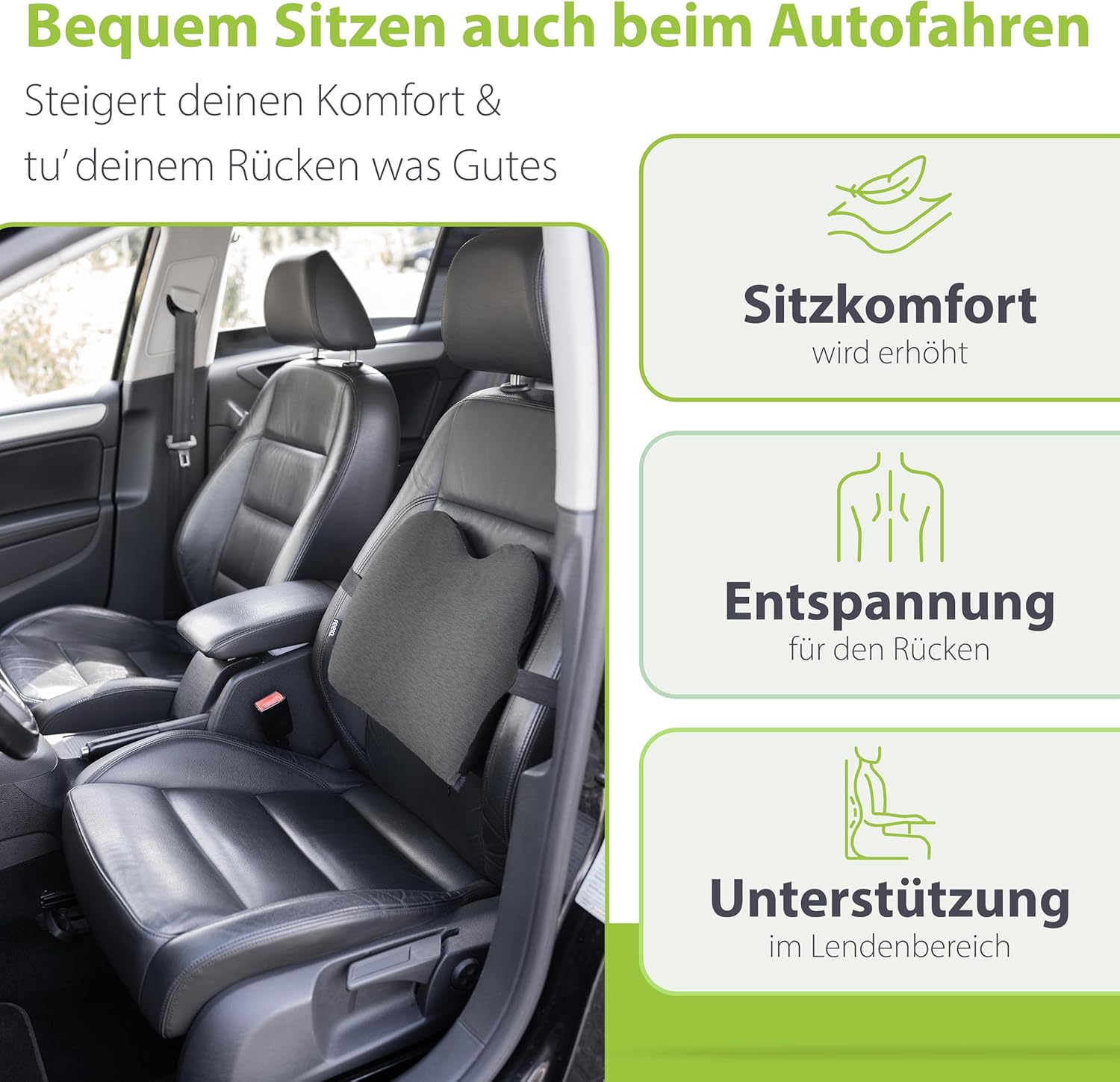 Feela. Ergonomisches Rückenkissen für Auto- und Bürostühle | Rückenstützkissen aus Memory-Schaum für Sitzkomfort und Haltung – verstellbare Passform für Autositze und Bürostühle (Dunkelgrau) – Bild 2