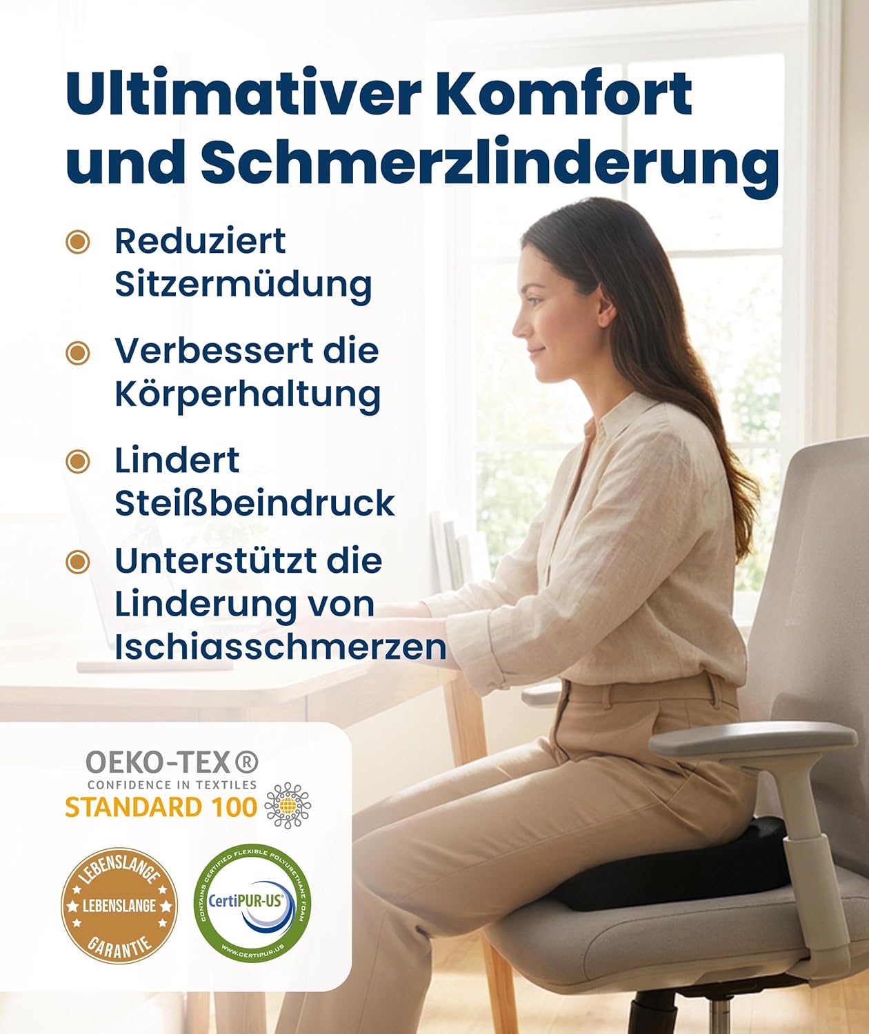 Everlast Comfort, vom Arzt empfohlenes Memory-Schaum-Sitzkissen für Bürostuhl und Auto – ergonomisches Büro- und Schreibtischzubehör – Steißbein-Entlastungskissen, Ischias – Bild 2