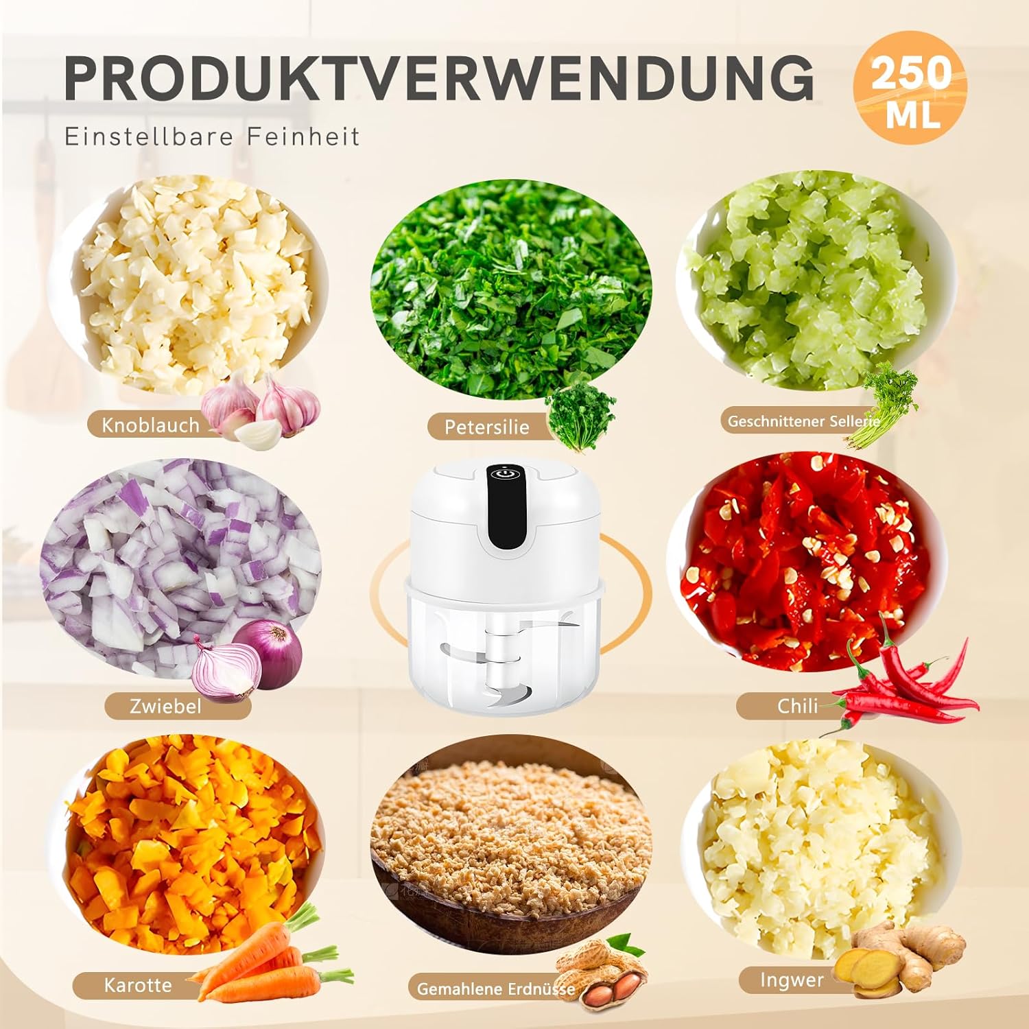 Elektrischer Mini-Zerkleinerer, 250 ml, kabellos wiederaufladbar über USB Typ C, Klinge aus Edelstahl 304, lebensmittelechtes Material, tragbarer Küchenhelfer für Obst, Gemüse, Knoblauch, Babybrei, Camping – Bild 5