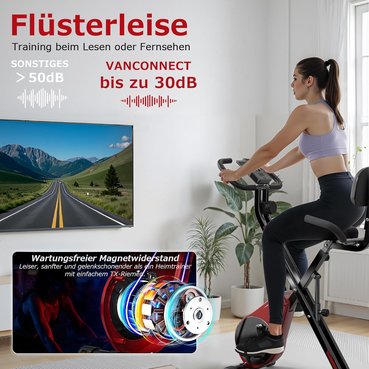 Heimtrainer Fahrrad Klappbar, VANNECT Hometrainer Fahrrad mit 16 Stufen Magnetwiderstand, Pulssensor, 160KG Belastbar, Verstellbarer Rückenlehne & Sitz, Fitnessbikes für Zuhause und Büro – Bild 7