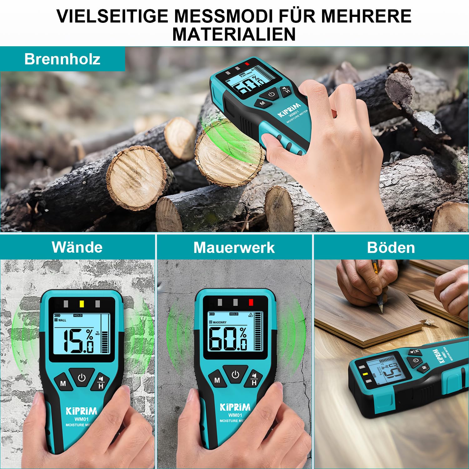 Kiprim WM01 Pinless Wandfeuchtemessgerät für Holz, Wände, Mauerwerk – Präzise zerstörungsfreie Messung mit 4 Modi, Datenspeicherung und Stummschaltung – Bild 2