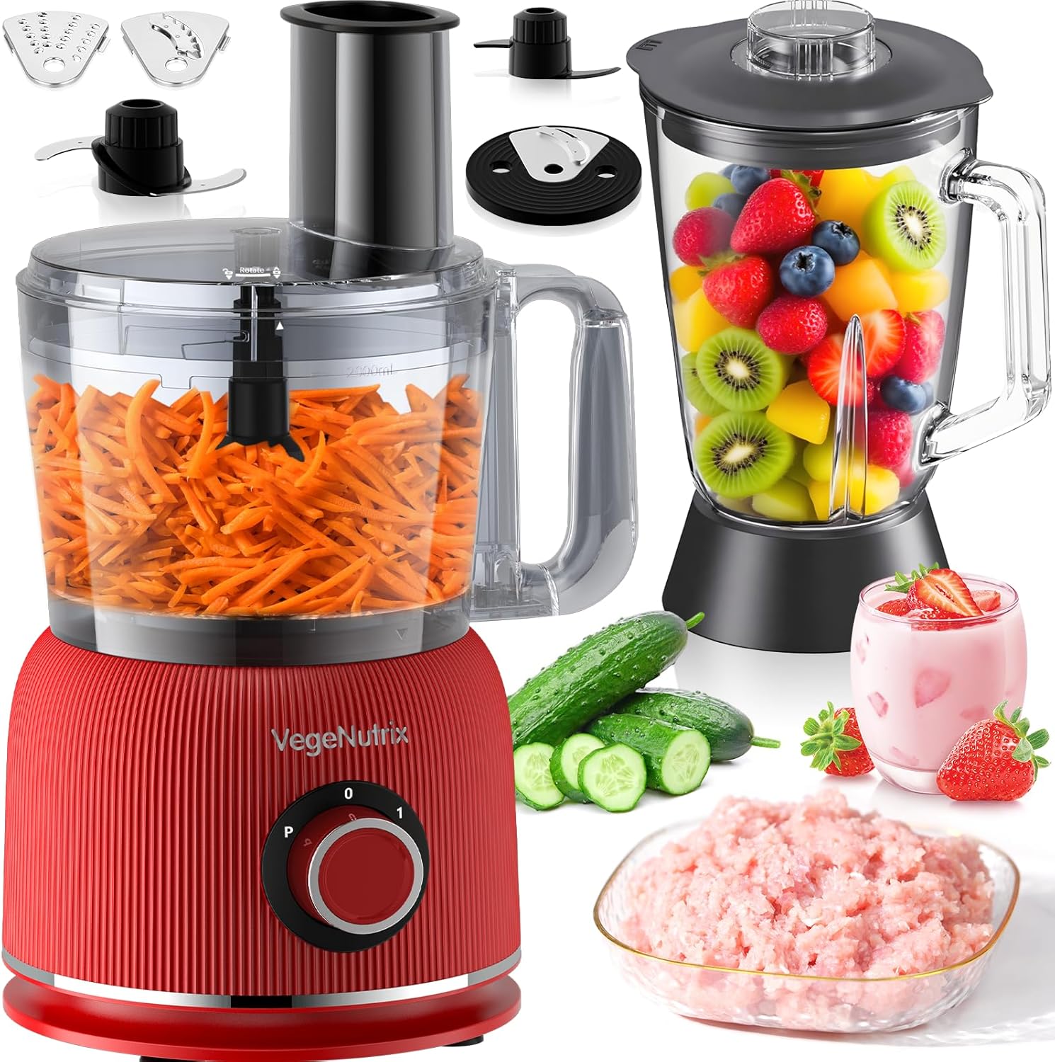 1500 W Küchenmaschine und Mixer-Kombination, 2,5 l Zerkleinerer für Fleisch, Gemüse und Teig, 2 l Standmixer mit Glasbehälter, 2 Geschwindigkeitsstufen und Pulse-Funktion für Smoothies, Saft usw.