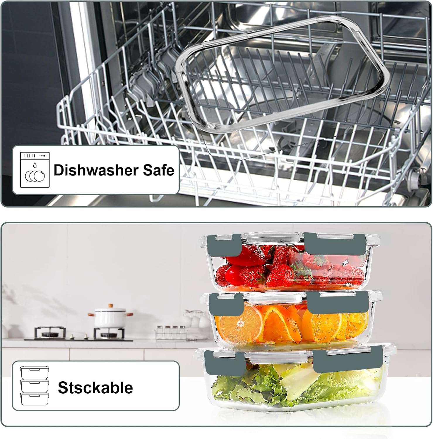 VERONES 10-teiliges Crisper-Set aus Glas, luftdichte Lunchbehälter aus Glas, versiegelte und stapelbare Glasbehälter mit Deckel, Gefrierschrank und Spülmaschine, Grau – Bild 5
