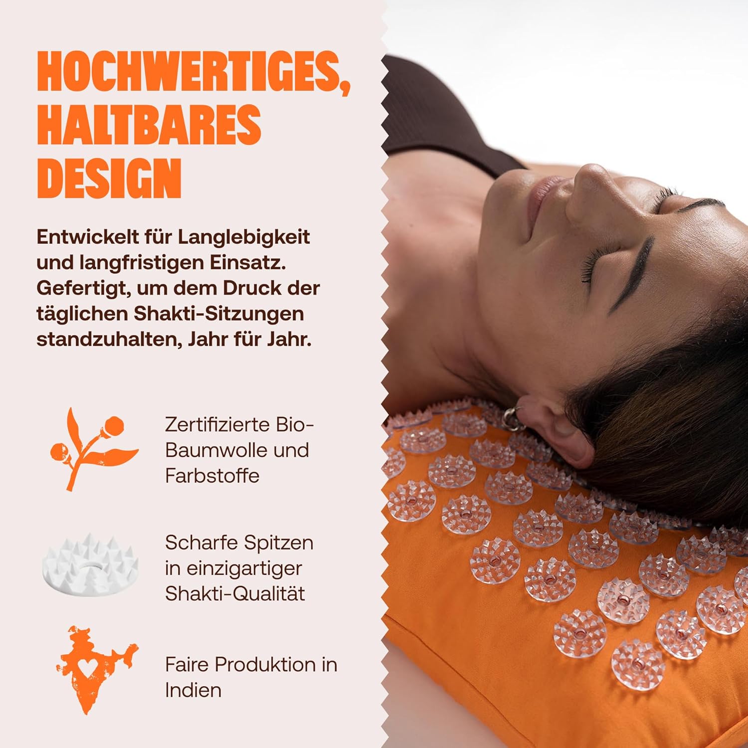ShaktiMat (Das Original seit 2007) Premium-Akupressurkissen zur Entspannung für Schulter, Nacken, Kopf, ethisch handgefertigt, GOTS-zertifizierte Bio-Baumwolle, Bernsteinorange – Bild 3