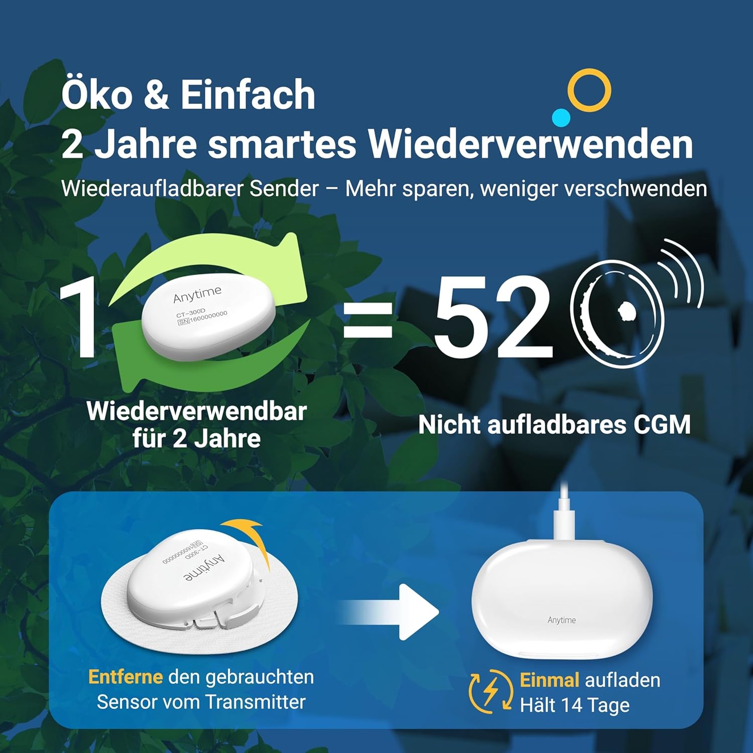 Glukoseüberwachung anschließen – Sender und 1 x Sensor | 14-Tage-Blutzuckermessgerät ohne Stechsensor | Intelligente Warnungen, komfortabel, Datenaustausch – Bild 6