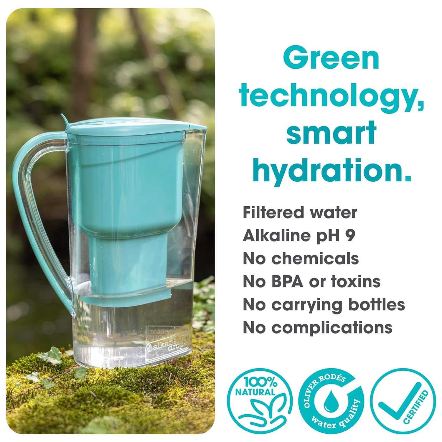 Wasserfilterkanne 1,4 L – Aktivkohlefilter aus Kokosnuss – BPA-frei – ohne Ionenaustauscher – Kalkfilter für Trinkwasser & Leitungswasser – pH 9 – Wasserfilterkanne – Filterkanne ALKANATUR – Bild 5