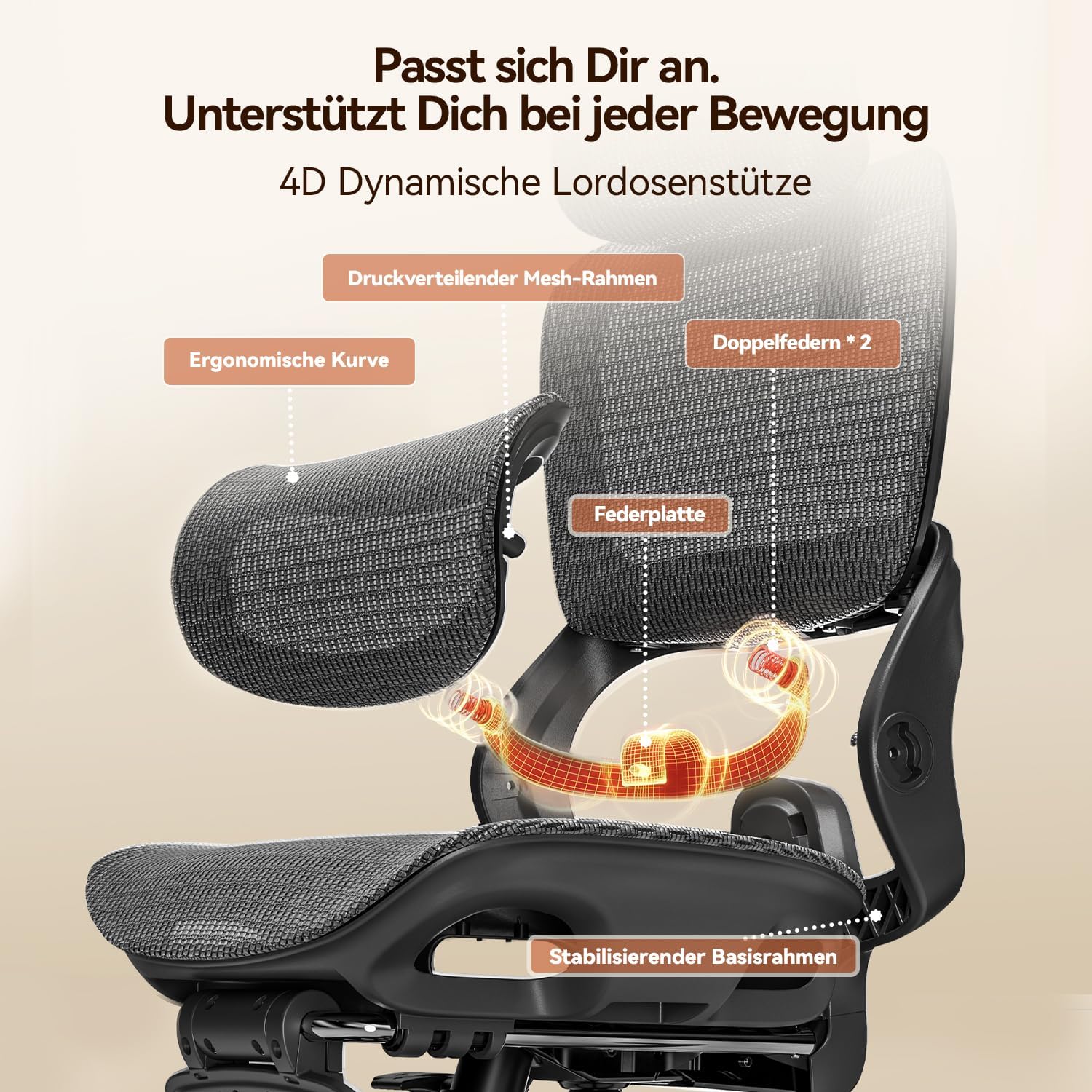 SIHOO Ergonomischer Bürostuhl, Schreibtischstuhl mit dynamischer 4D-Lendenwirbelstütze, breiter Kopfstütze und klappbaren Armlehnen, 90–135° neigbar, Schwarz – Bild 6