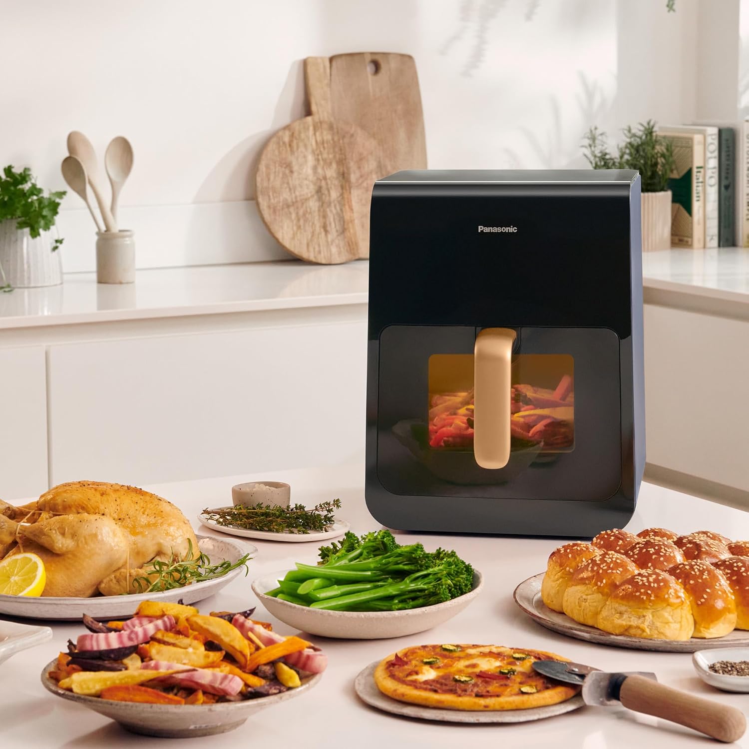 Panasonic NF-CC600AXE Heißluftfritteuse mit Sichtfenster, 6 l, 80–200 °C, digitaler Timer und LCD-Display, sanfte Dampfzugabe, 11 Voreinstellungen, einfache Reinigung, schwarz mit roségoldenem Griff – Bild 10