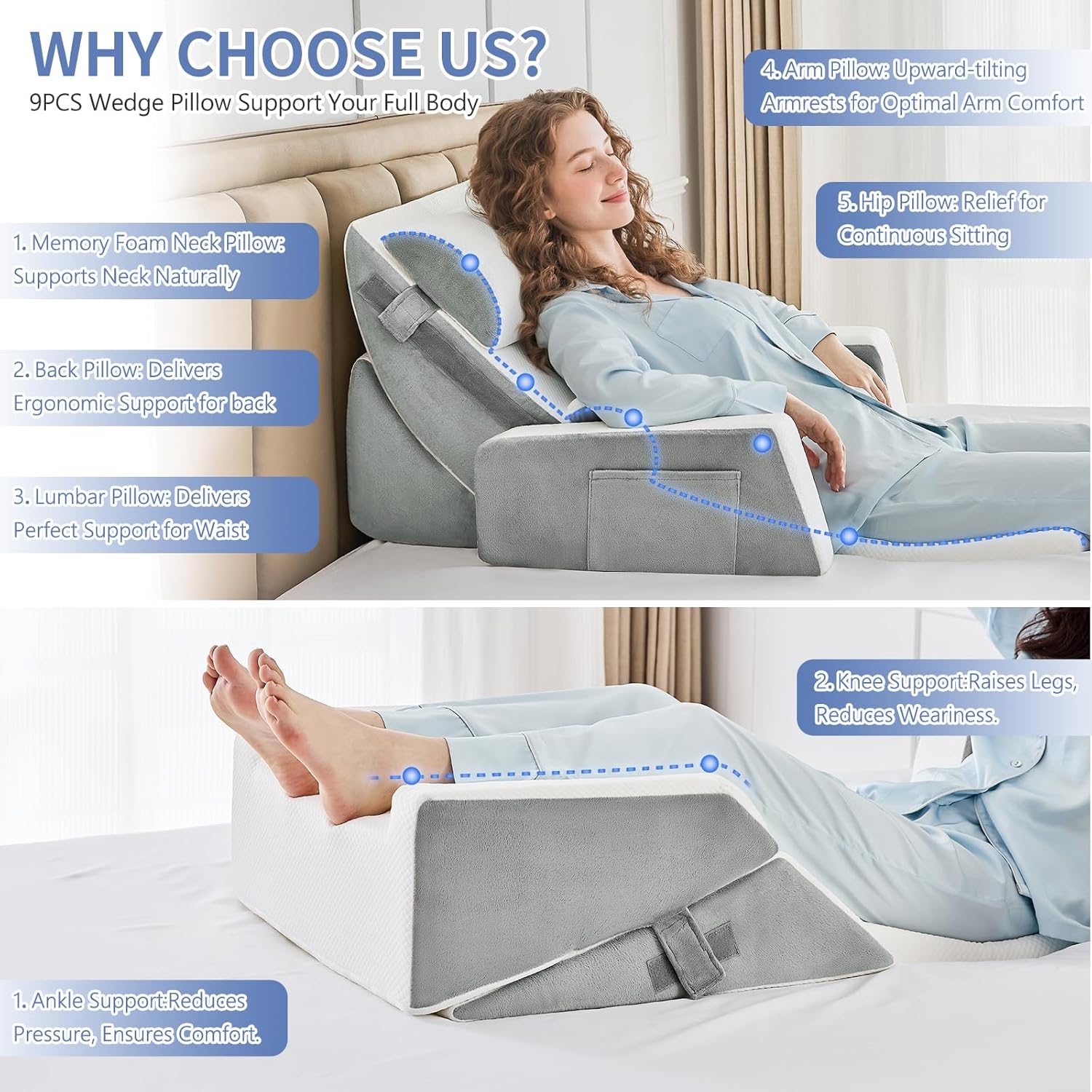 9PCS Orthopädische Bett Keil Kissen Set, Post Chirurgie Schaum Kissen für Körper, Rücken und Beine Schmerzlinderung, Justierbare Stützkissen mit Säure Reflux Schlafkissen Bed Wedge Pillow Hellgrau – Bild 3