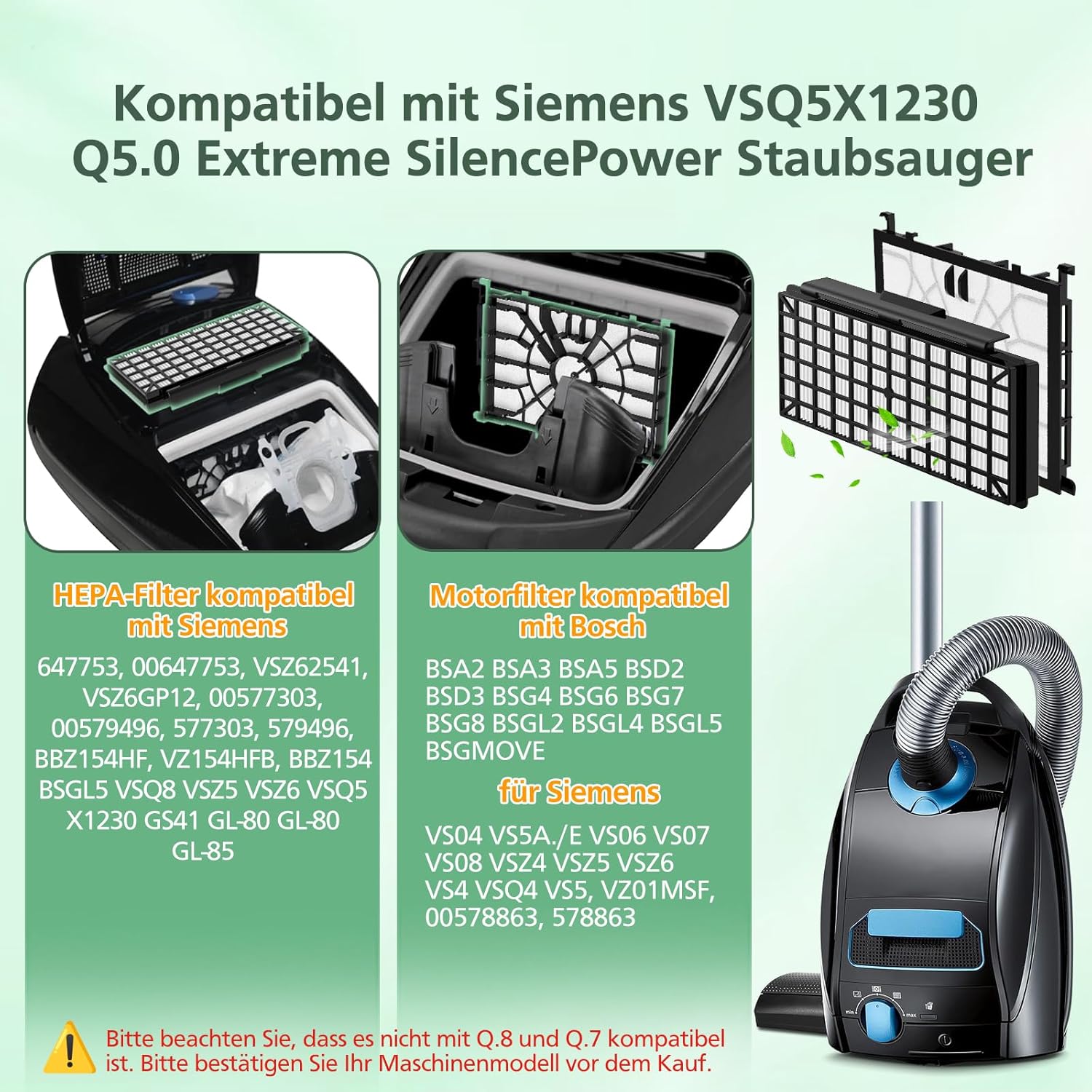 Ersatzfilterzubehör für Siemens Staubsauger Q5.0 Extreme SilencePower VSQ5X1230, 2 Filter + 2 Motorfilter kompatibel mit Siemens Staubsauger VZ154HFB / VZ02MSF / VSQ5X12M1 – Bild 2