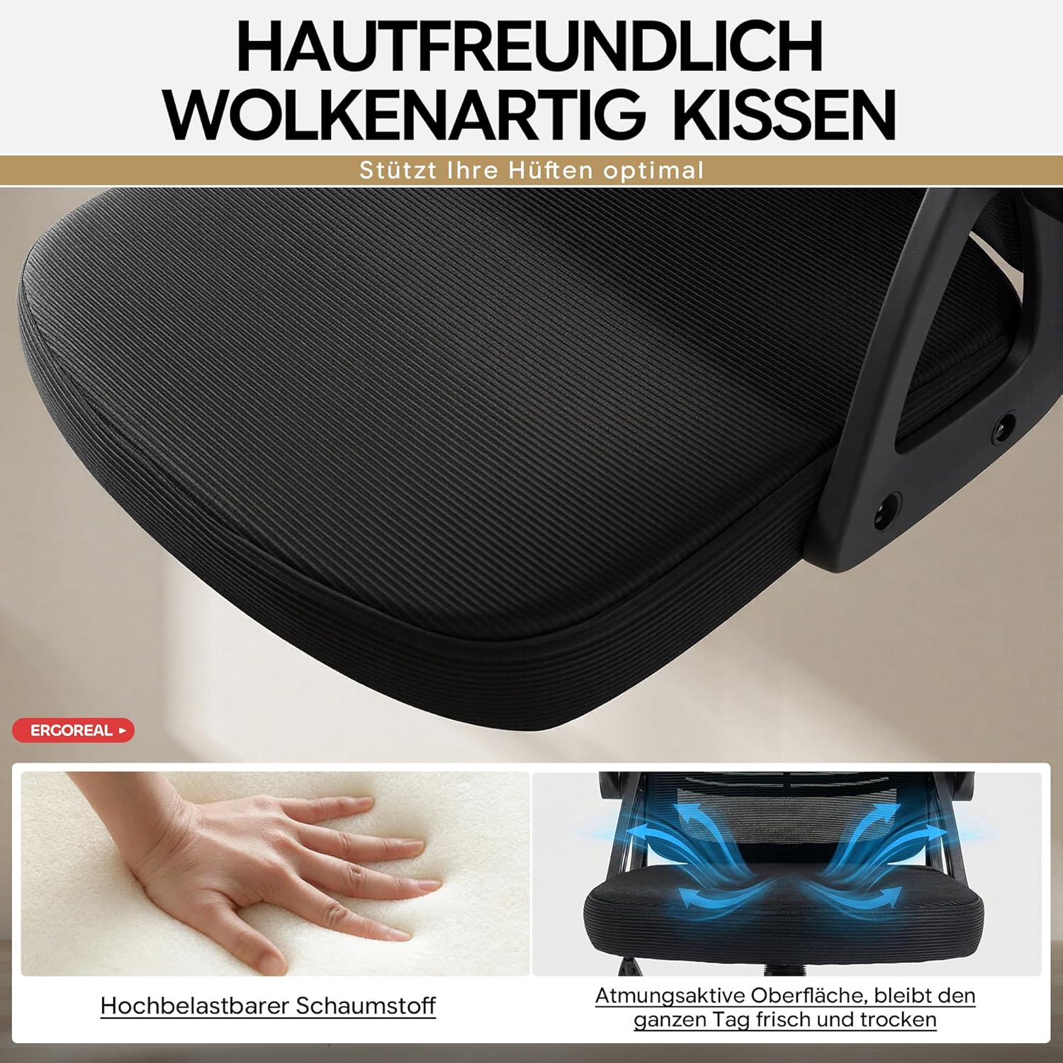 25W02 Ergonomischer Bürostuhl, 90-110° verstellbare Rückenlehne & klappbare Armlehnen (90°), Bürostuhl mit Rollen & Höhenverstellung, Heimbüro & Arbeitszimmer (Tiefschwarz) – Bild 7