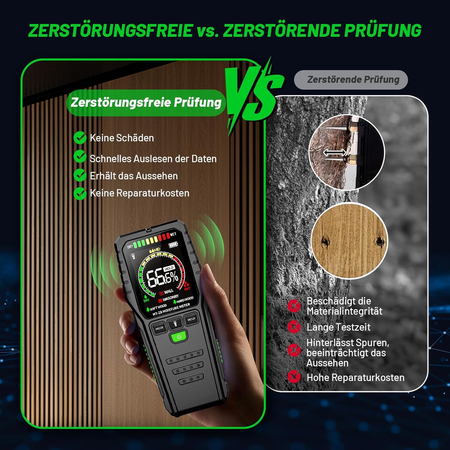 Feuchtigkeitsmesser für Wand und Holz – zerstörungsfreier Feuchtigkeitsmesser und Feuchtigkeitsmesser mit Batterie für Brennholz, Putz, Decke, Boden und Baumaterialien – Bild 3