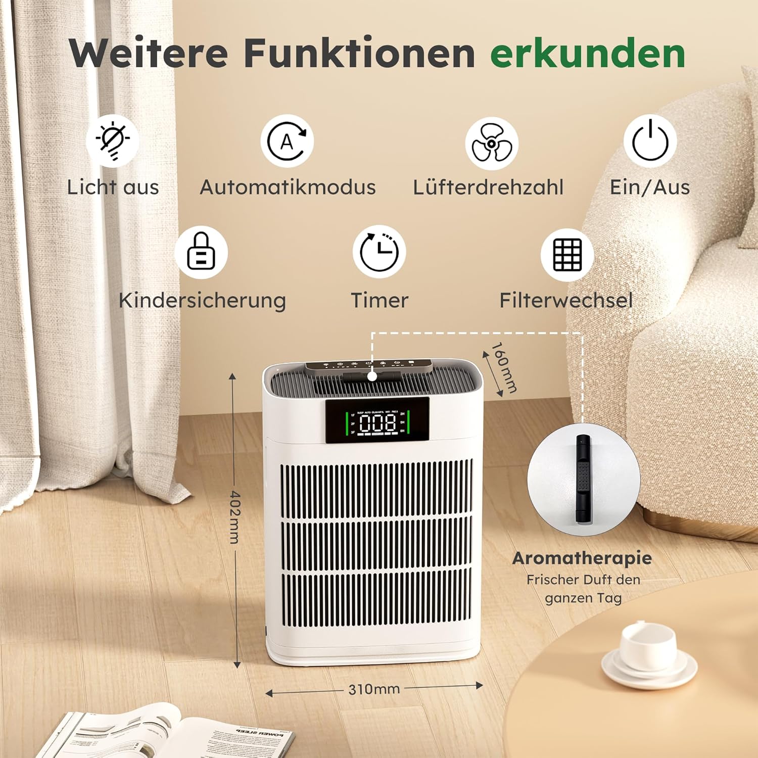 Luftreiniger mit HEPA-Luftfilter und Aktivkohlefilter, vierstufiges Filtersystem gegen Schimmel, Staub und Tierhaare bis 0,3 µm, CADR 220 m³/h für Räume bis 60 m², AP001 – Bild 9