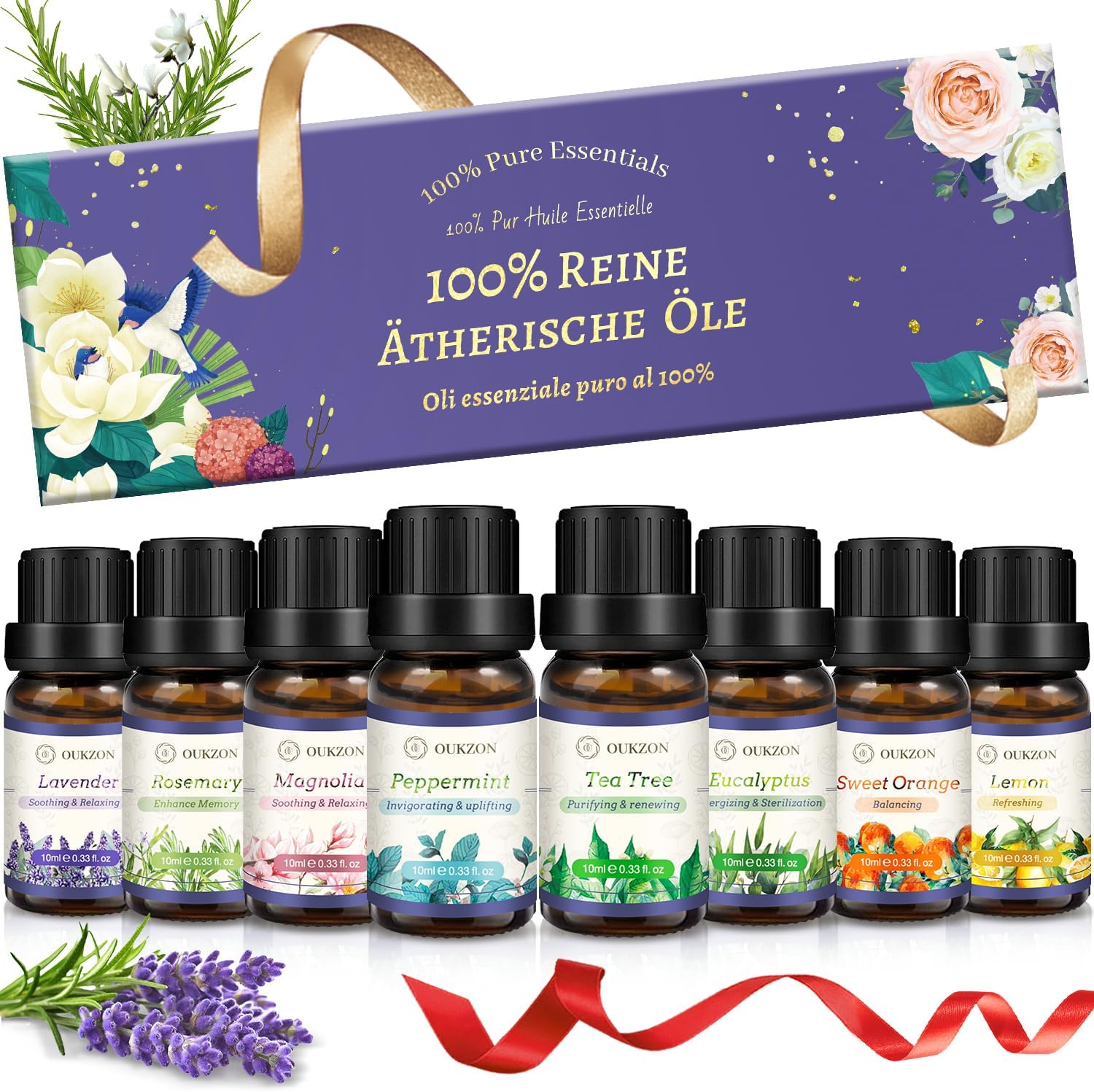 Ätherische Öle Set, 8 x 10 ml Aromatherapie-Duftöl, kleine Geschenke für Frauen – 100 % natürliches, reines Aromaöl für Diffusor, Massage, Ölbrenner, Kerzenherstellung, Geschenk für Weihnachten, Geburtstag