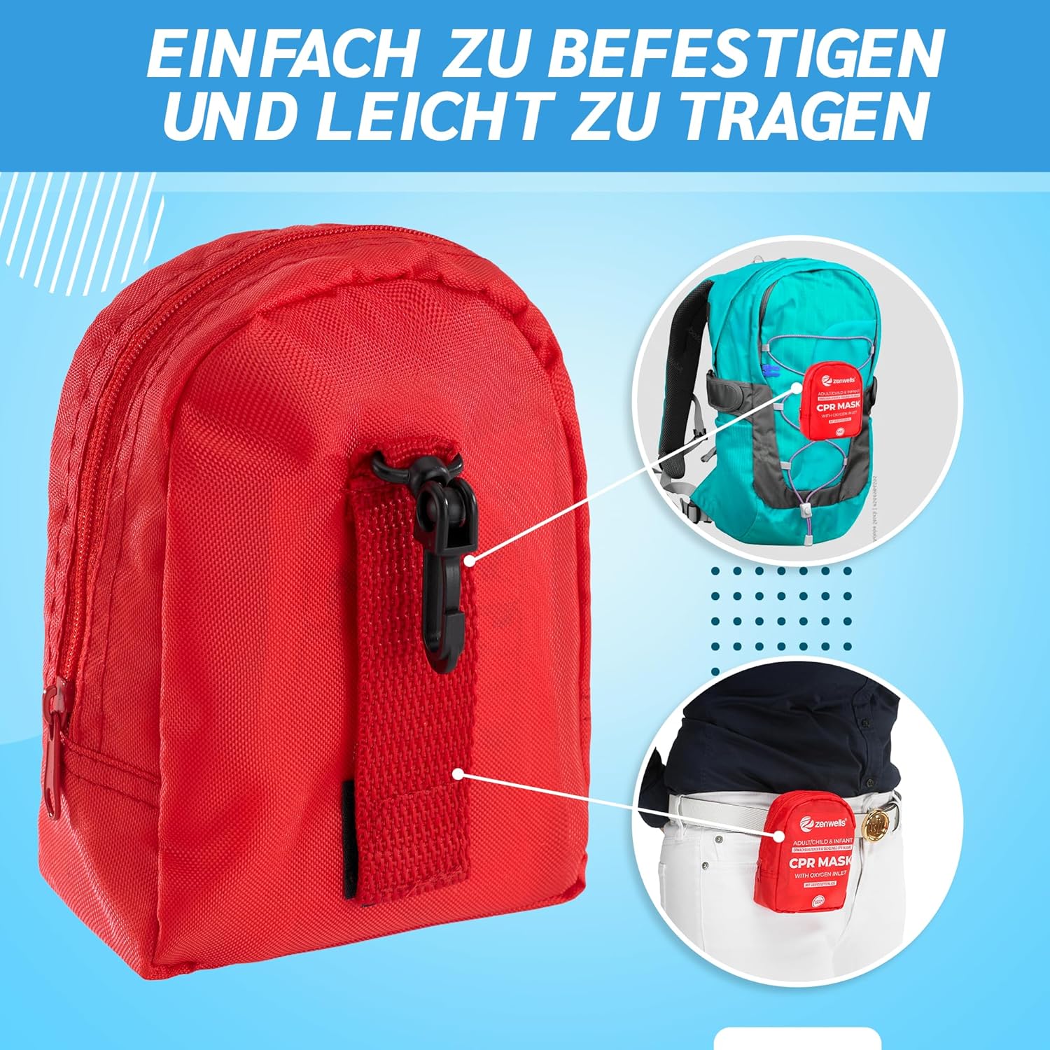 CPR-Atemmasken-Erste-Hilfe-Set für Erwachsene/Kinder und Kleinkinder – Taschenmaske im Softcase (rot) mit Selbstventil und Sauerstoffeinlass – Bild 7