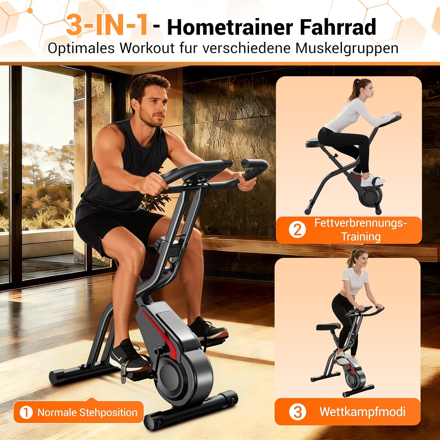 UMAY Ergometer Heimtrainer Fahrrad, 5-in-1-Heimtrainer, faltbares Indoor-Bike, 16 Stufen magnetischer Widerstand, Cardio mit Pulsmessung & LED-Anzeige, weicher Sitz, 136 kg Tragkraft – Bild 2