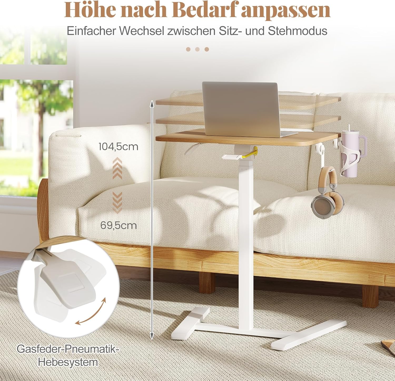 COSTWAY Beistelltisch höhenverstellbar mit versteckten Rollen, Stehtisch mit um 90° neigbarer Tischplatte, Haken und Getränkehalter, Stehpult, Stehpult, Laptoptisch für Wohnzimmer – Bild 4