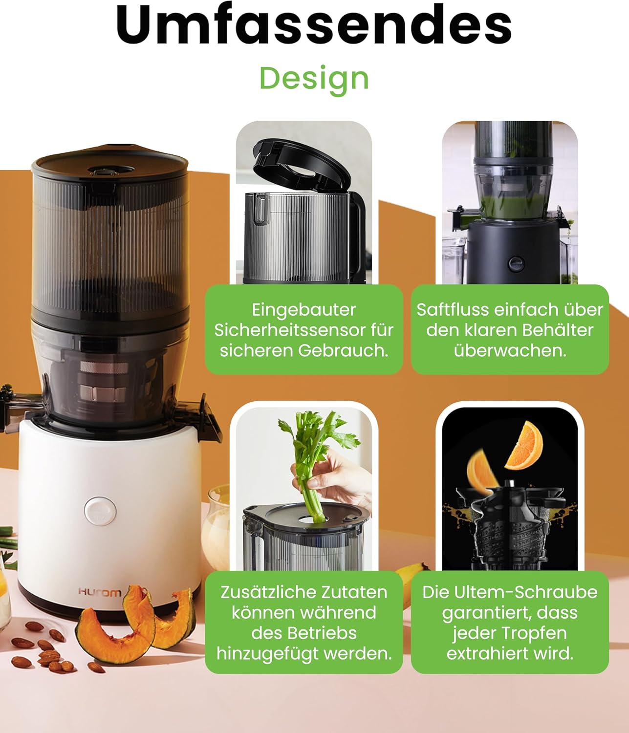 Hurom Slow Juicer | Entsafter für Gemüse und Obst | H320N | Elektrische Kaltpresse | Leiser Motor | Leicht zu reinigen mit großem Behälter und Siebfilter 2 L | 200 Watt | BPA-frei | Dunkelgrün – Bild 4