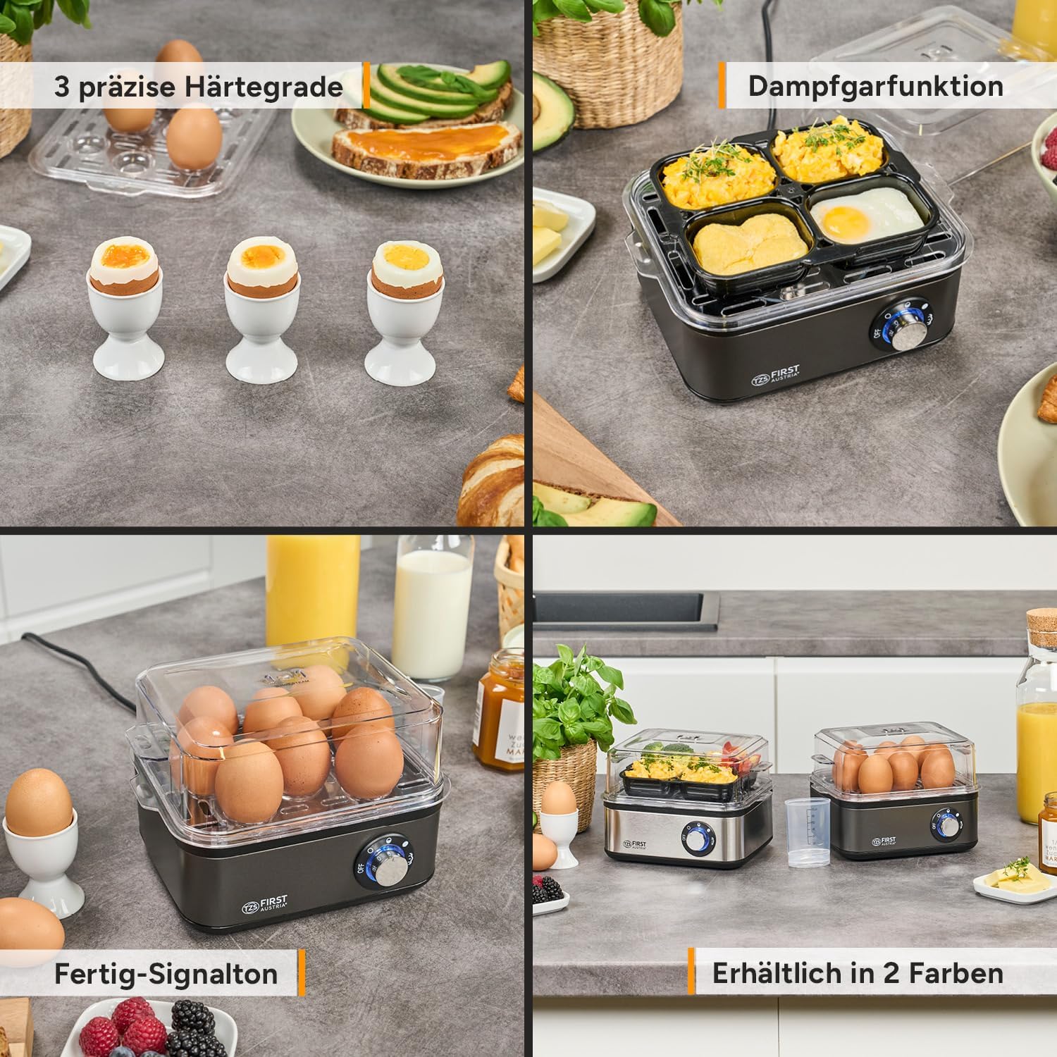 TZS First Austria Eierkocher Grau – 8 Eierkapazität – 4 Kochstufen inklusive Dampfgarfunktion – automatische Abschaltung mit Signalton – Trockengehschutz – Messbecher & Pochierschüssel – kompakt und leicht – Bild 9