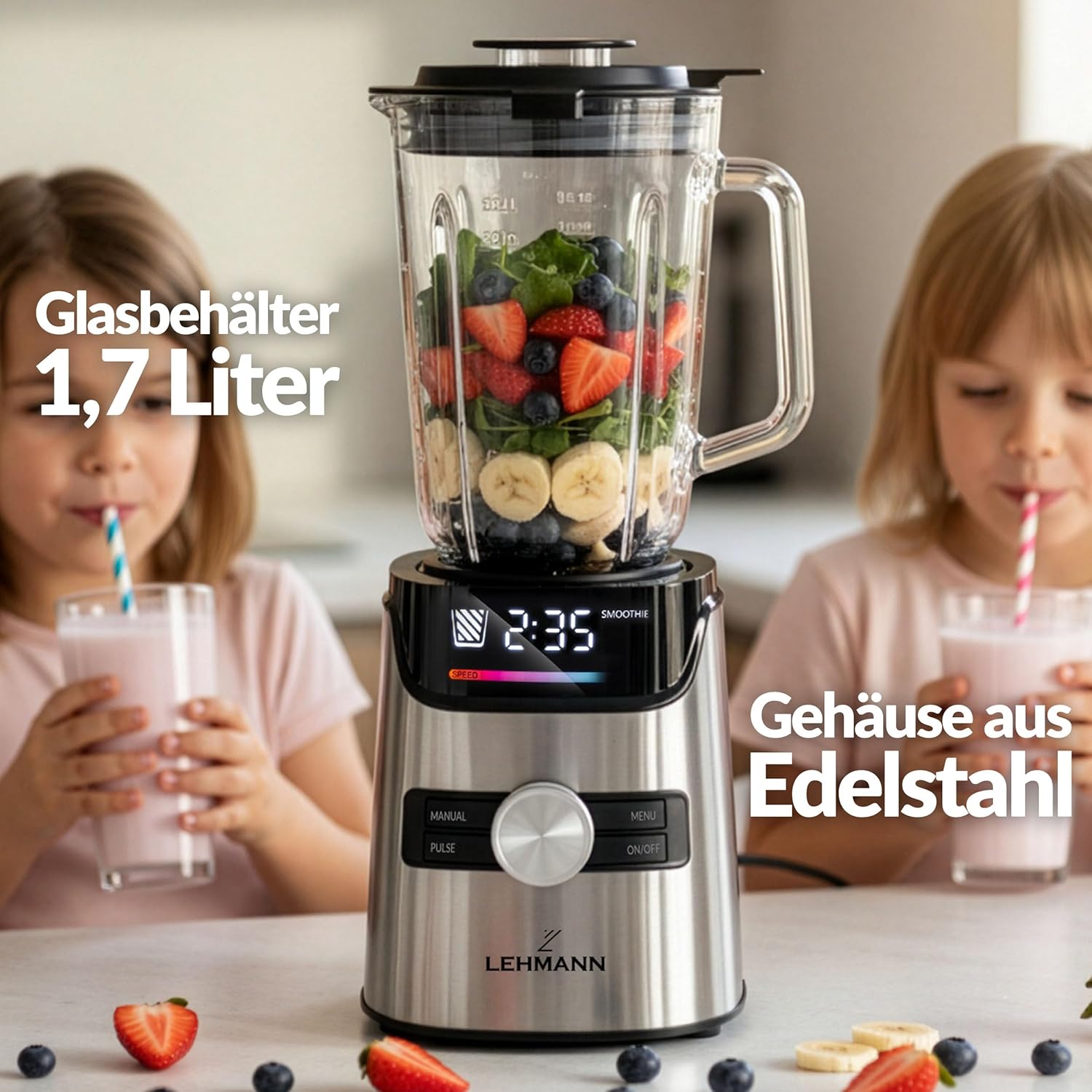 LEHMANN Standmixer 3-in-1 mit Glasbehälter 1,7 L, To-Go-Trinkflasche & Mahlwerk, 10 Geschwindigkeiten, Pulse, 3 Programme für Smoothie, Milchshake, Ice Crush, spülmaschinenfeste Teile, 1400 W – Bild 4