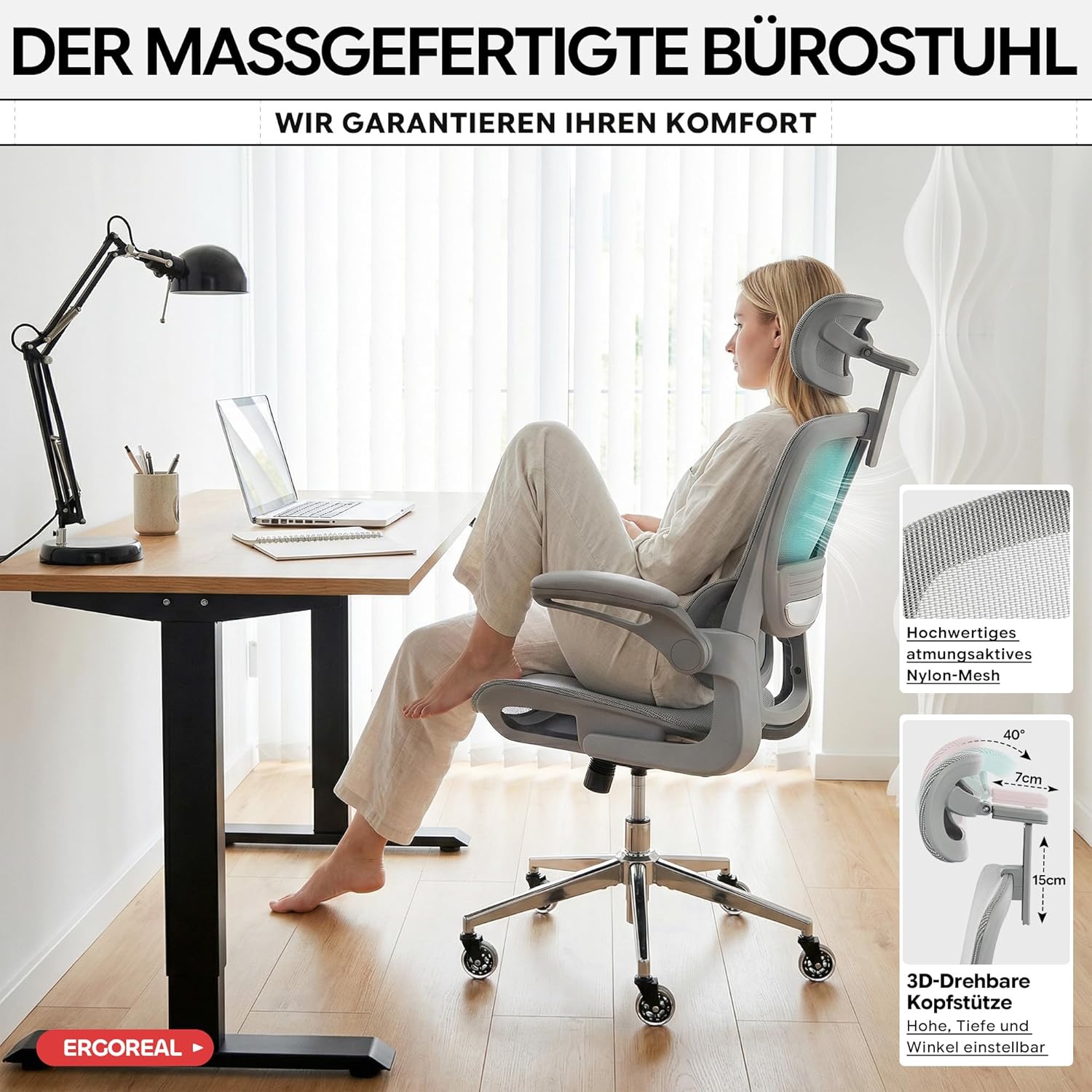 Ergonomischer Bürostuhl mit 150 kg Tragkraft, verstellbaren Armlehnen, dynamischer Lordosenstütze, Wippfunktion – Büro- & Gamingstuhl für Home Office, atmungsaktives Netz, Grau – Bild 4