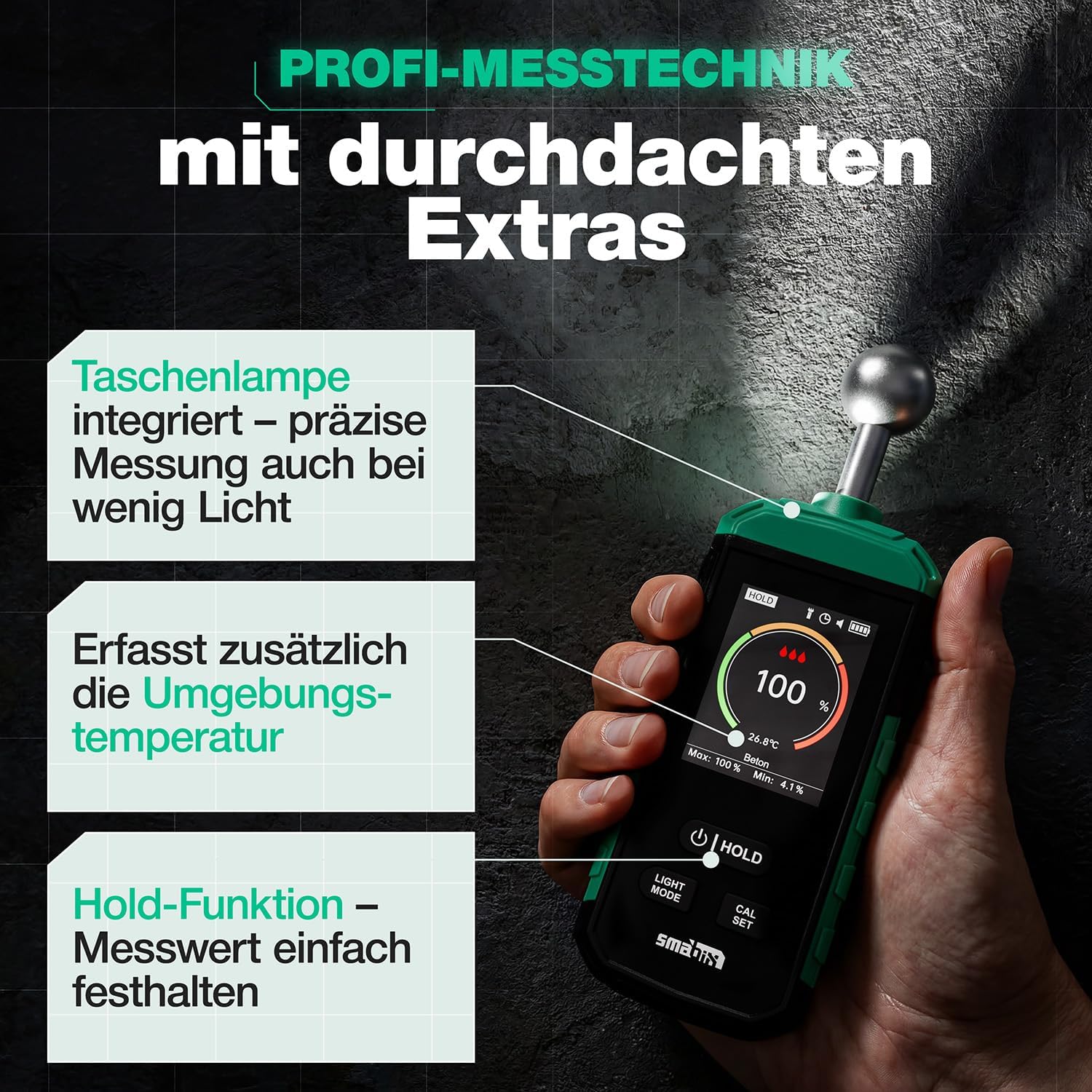 Smabix® Feuchtigkeitsmesser Wand, Holz, Gips, Granit, Feuchtigkeitsmesser für Wände, Mauerwerk, Beton, Baufeuchtemesser, Schimmeldetektor, Feuchtigkeitsmesser, Holzfeuchtemesser, Luftfeuchtigkeitsmesser – Bild 5