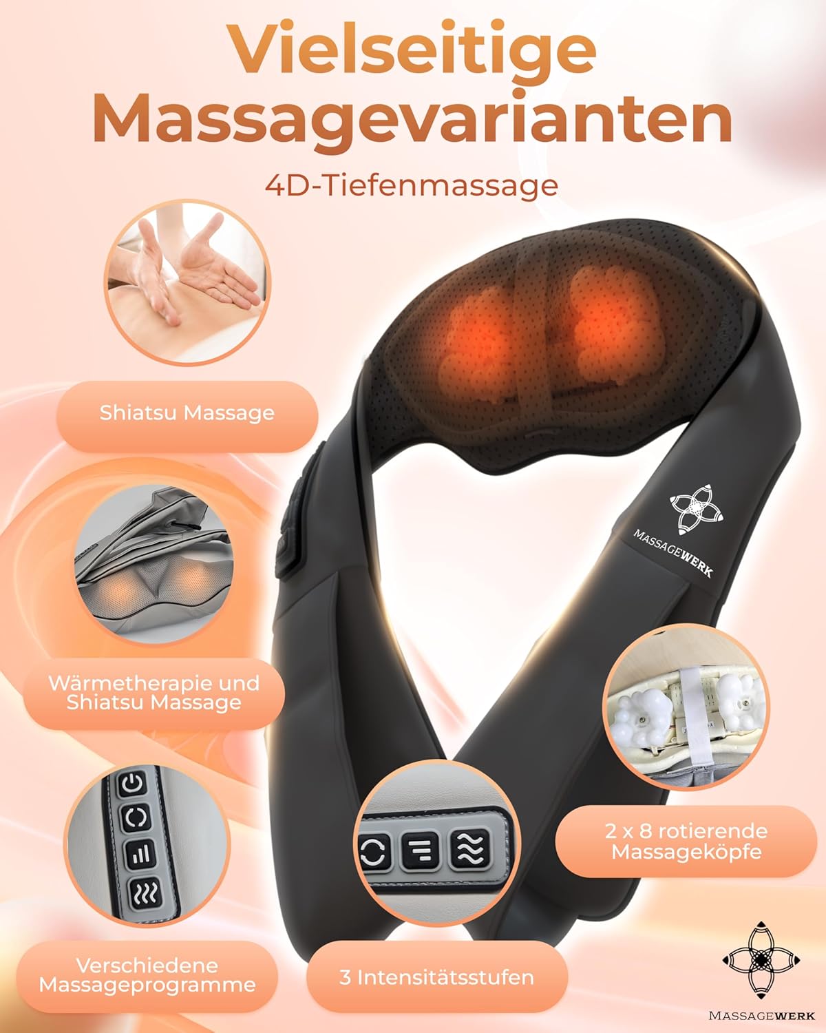 Shiatsu Rücken- und Nackenmassagegerät | Elektrisches Nackenmassagegerät mit Wärmefunktion | Ergonomisch, ideal zur Linderung von Muskelverspannungen und Schmerzen – Bild 6