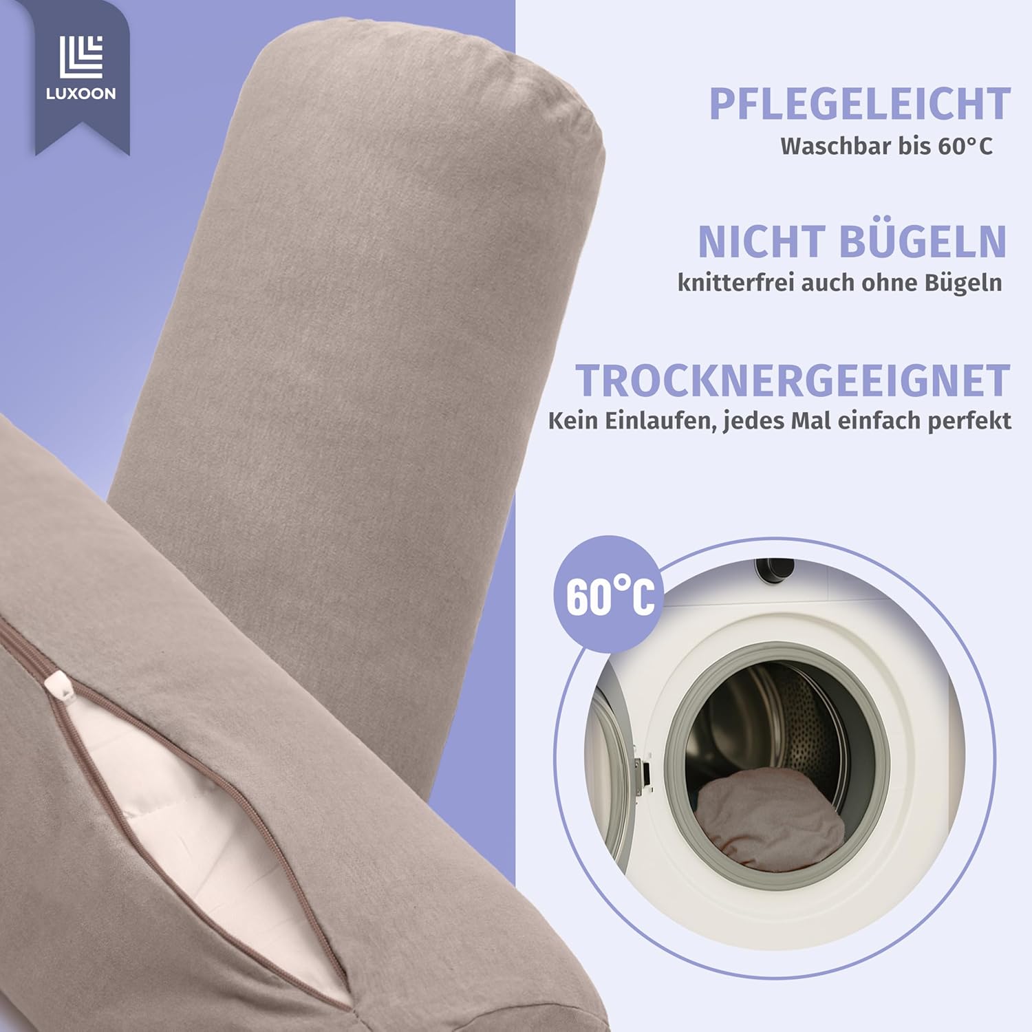 2er-Pack Nackenrollenbezüge mit Reißverschluss, Bezüge für Nackenstützkissen, 100 % Baumwolle, weich, waschbar und trocknergeeignet, 15 x 40 cm, Sand – Bild 7