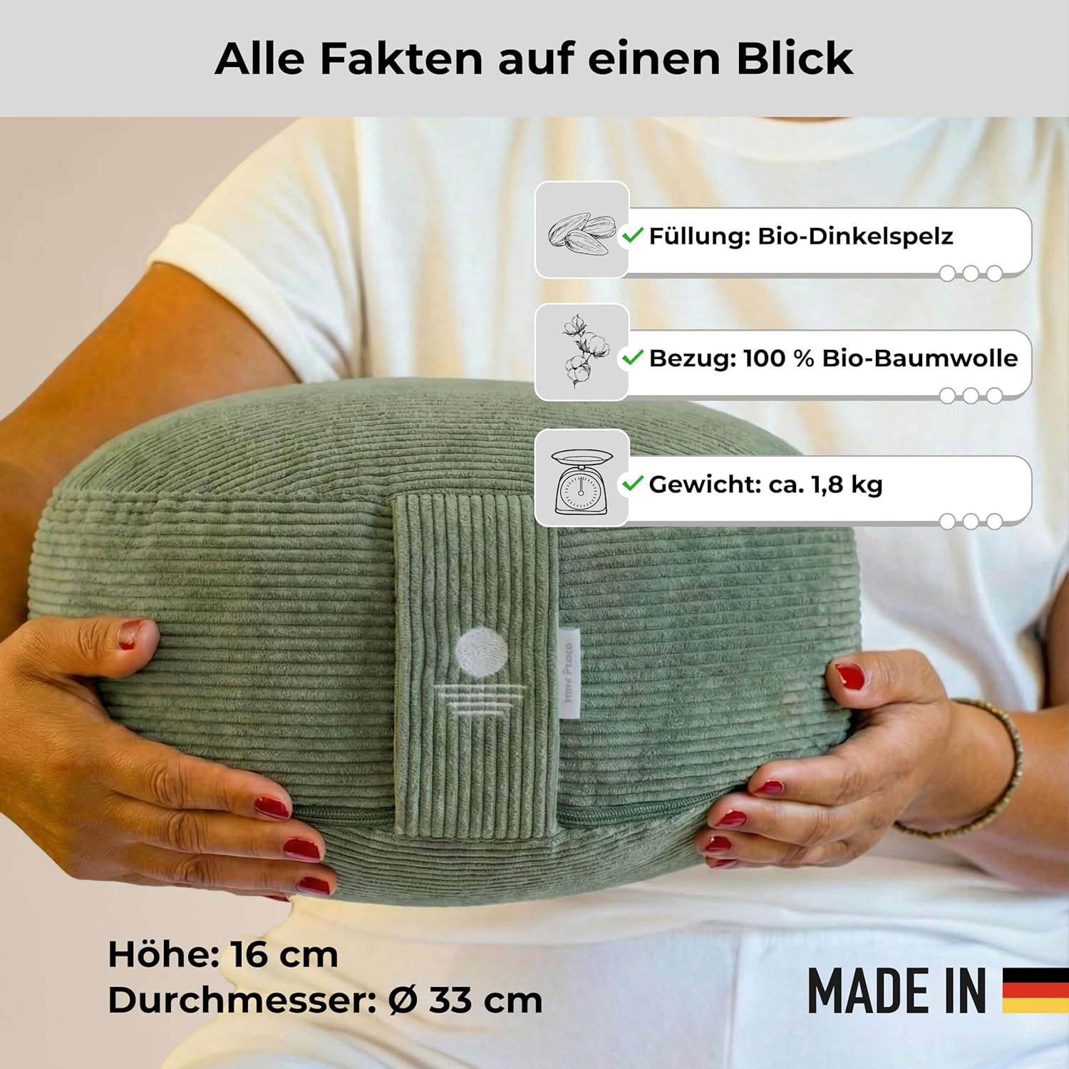 Inner Peace Yogakissen Rundschnur 33 x 16 cm XL Meditationskissen rund Bio-Baumwolle & Bio-Dinkel-Füllung Yogakissen Sitzkissen Made in Germany (Salbeigrün) – Bild 4