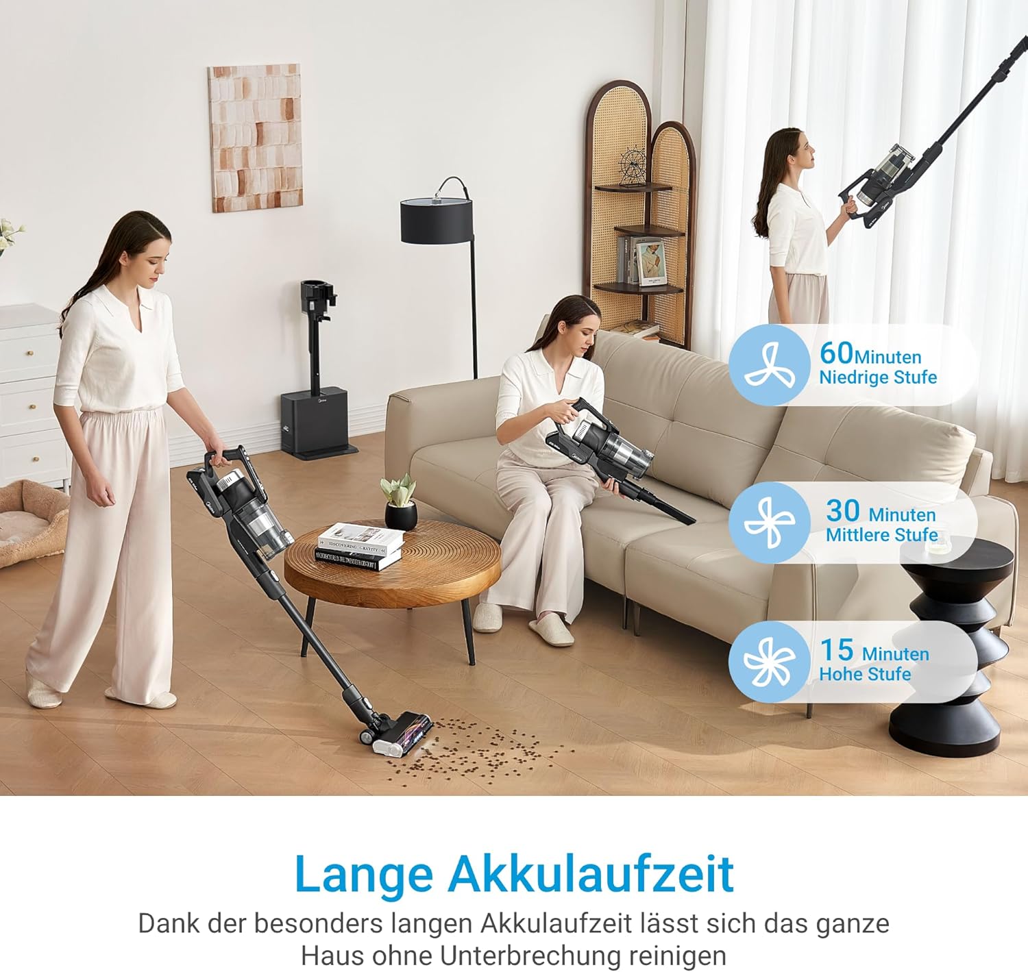 Midea Akku-Staubsauger mit Saugstation, 350 W, bis zu 60 Minuten Laufzeit, selbstentleerende Anti-Tangle-Bürste, LED-Düse, HEPA-Filter, für Allergiker geeignet, austauschbarer Akku, kabellos, schwarz – Bild 5