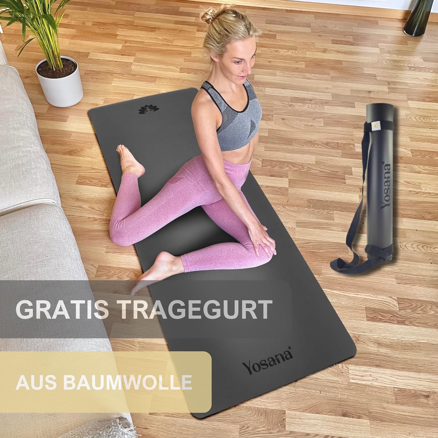 Yosana Yogamatte aus Naturkautschuk | Extrem rutschfest | Ultra-Grip-Oberfläche aus Eco PU | Extra breit 68 cm | Inklusive Tragegurt | Yogamatte 183 x 68 cm | 4 mm dünn – Bild 6