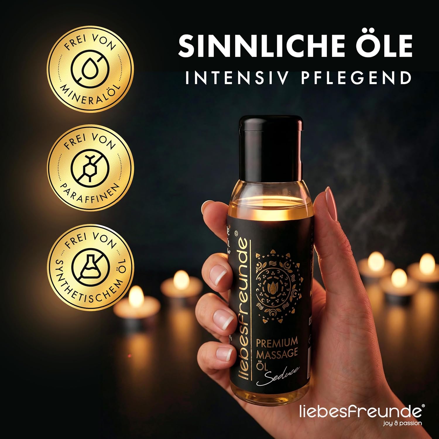 Liebesfreunde Massageöl Geschenkset – 3 x 50 ml Wellnessöl zur Entspannung, erotisches Massage Geschenkset für Damen & Herren – Bild 3